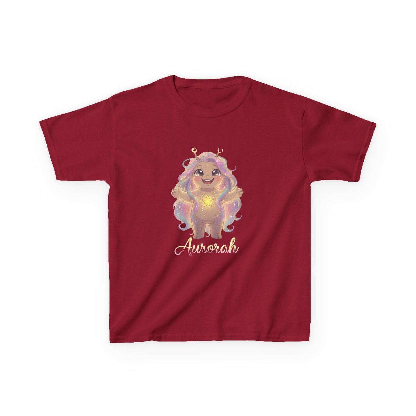 Red kids t-shirt featuring Aurorah the Hope Trait Buddy with rainbow hair and star emblem from OrbPals