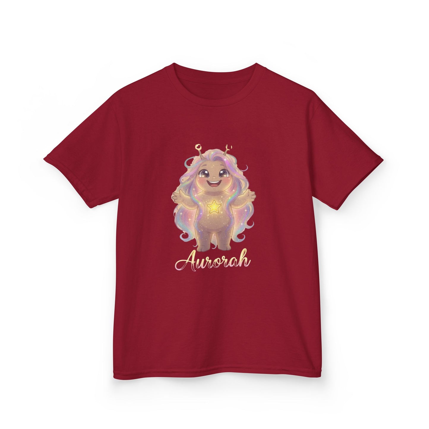 Red kids t-shirt featuring Aurorah the Hope Trait Buddy with rainbow hair and star emblem from OrbPals