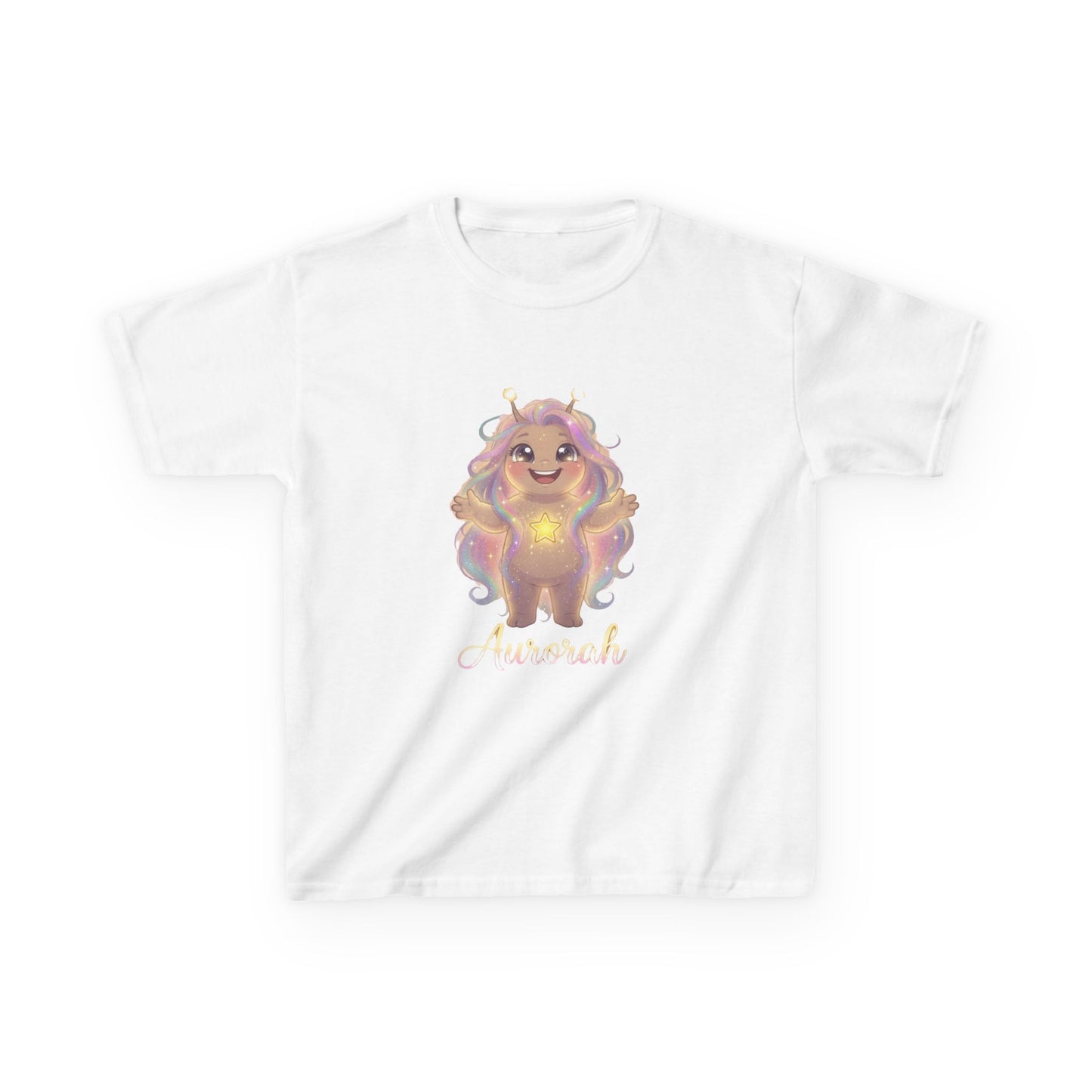 White kids t-shirt featuring Aurorah the Hope Trait Buddy with rainbow hair and star emblem from OrbPals