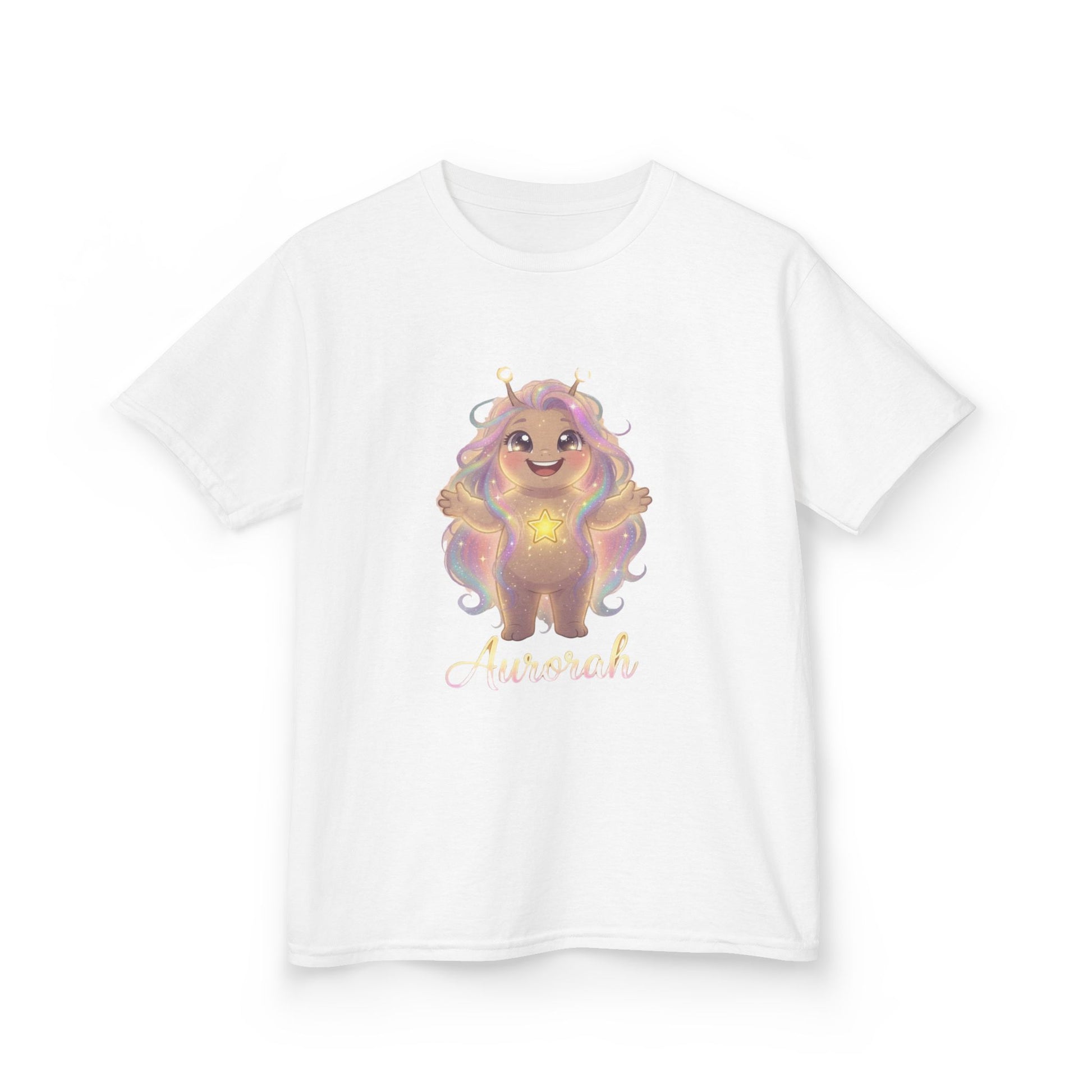 White kids t-shirt featuring Aurorah the Hope Trait Buddy with rainbow hair and star emblem from OrbPals