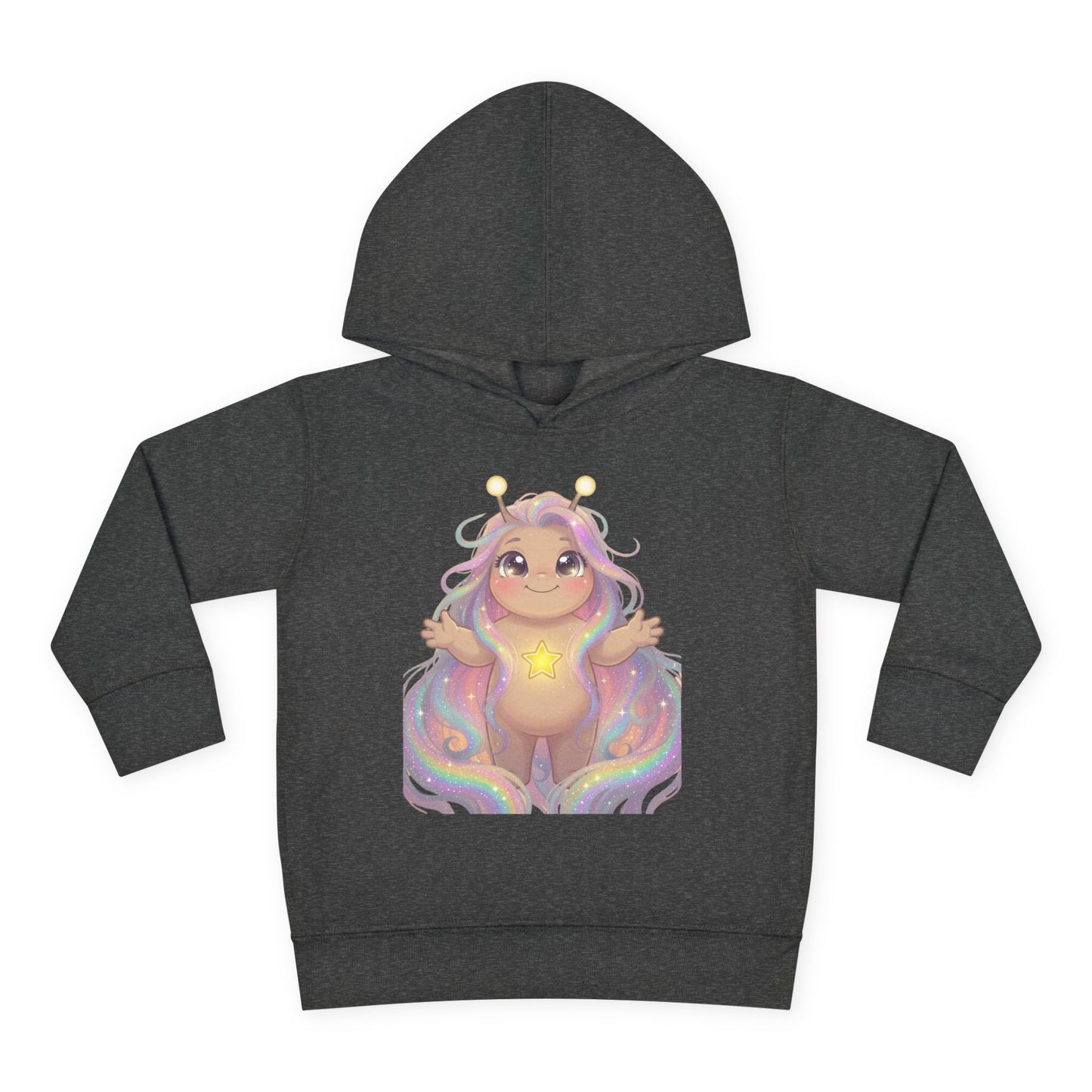 Dark gray hoodie featuring a cute pastel creature with antennae, long flowing multi-colored hair, arms raised joyfully, a glowing yellow star on its chest, sitting on rainbow waves.