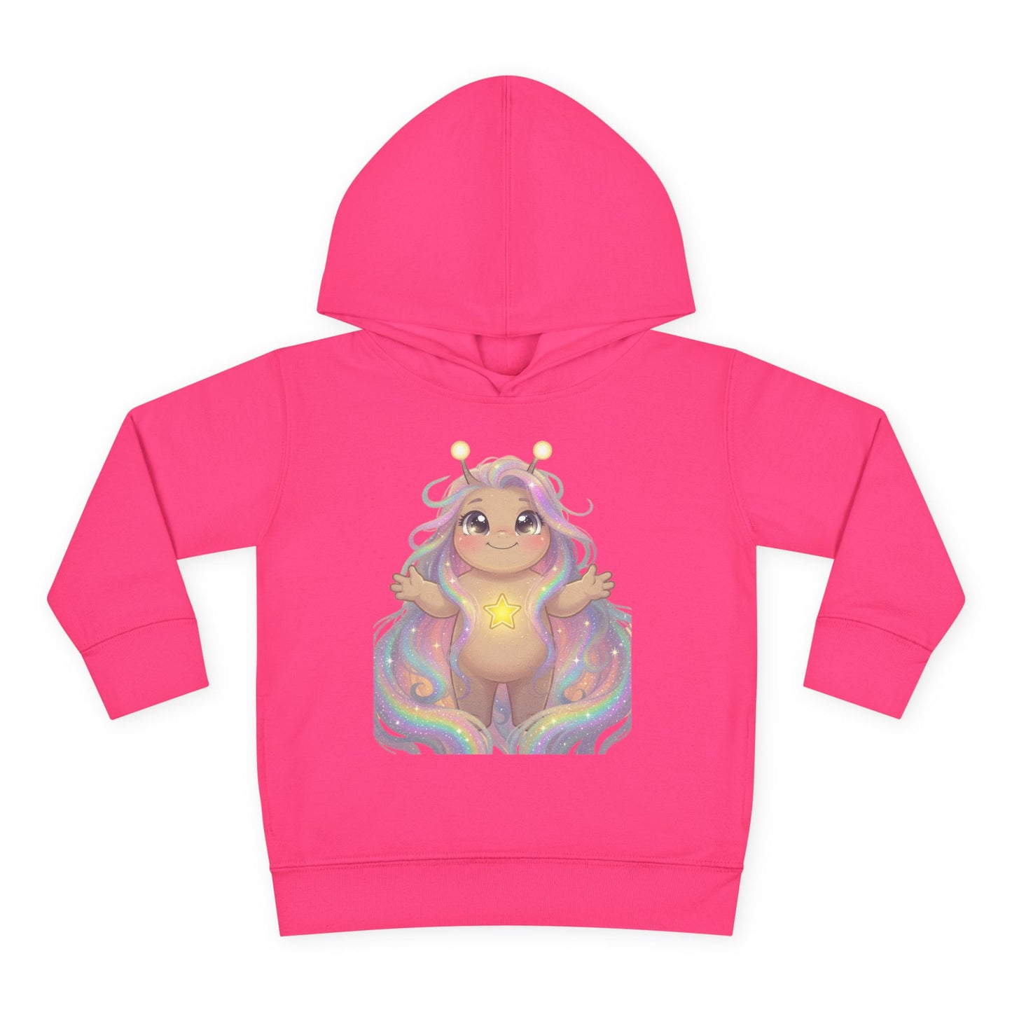 Hot pink hoodie featuring a cute pastel creature with antennae, long flowing multi-colored hair, arms raised joyfully, a glowing yellow star on its chest, sitting on rainbow waves.