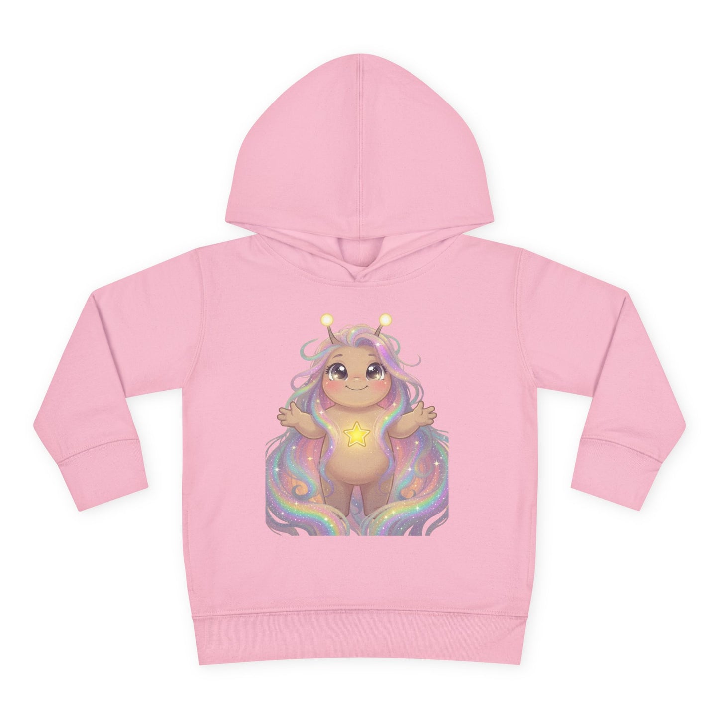 Pink hoodie featuring a cute pastel creature with antennae, long flowing multi-colored hair, arms raised joyfully, a glowing yellow star on its chest, sitting on rainbow waves.