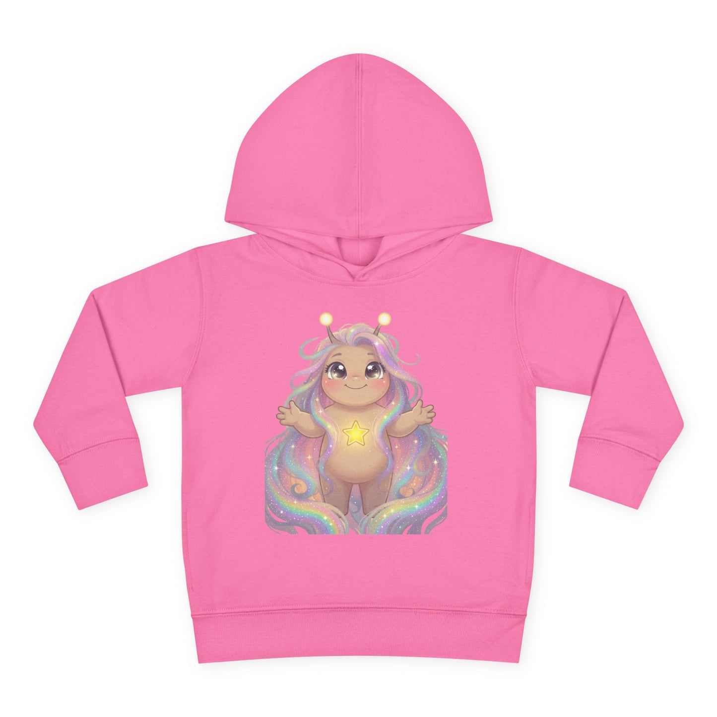 Pink hoodie featuring a cute pastel creature with antennae, long flowing multi-colored hair, arms raised joyfully, a glowing yellow star on its chest, sitting on rainbow waves.