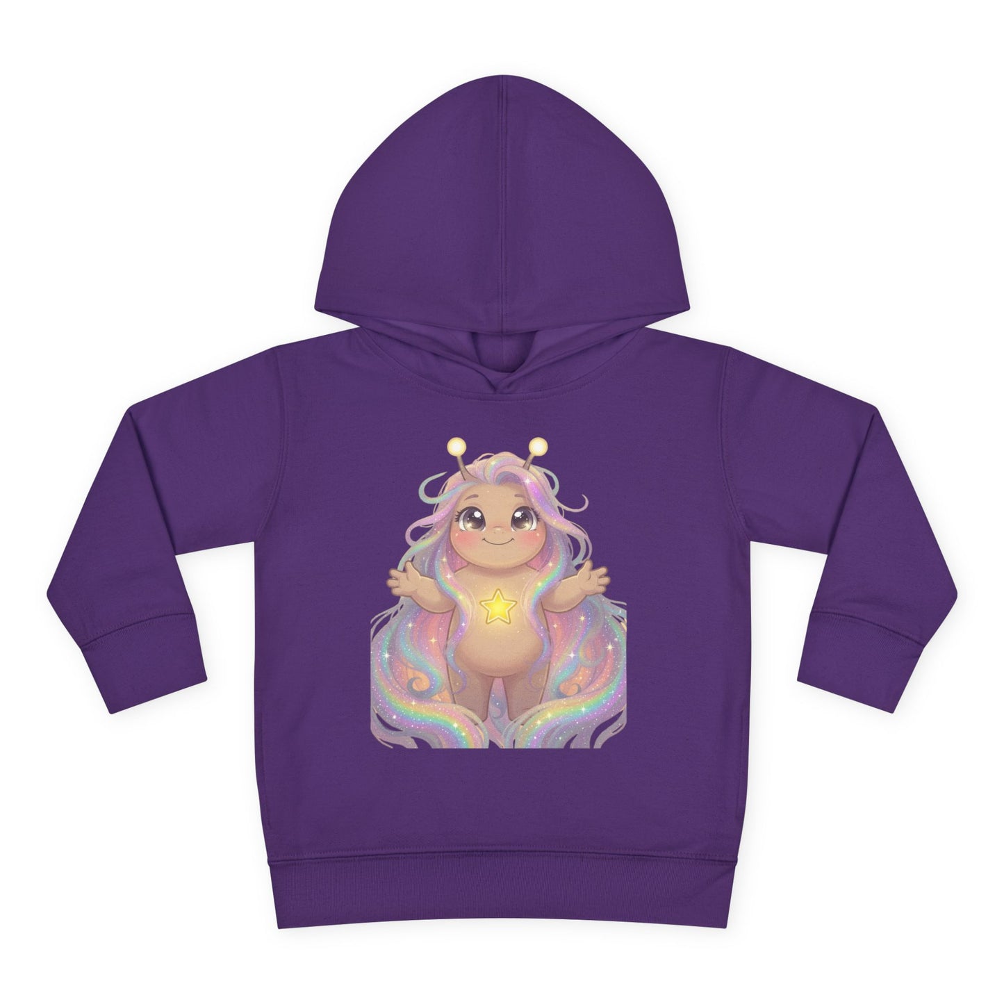 Purple hoodie featuring a cute pastel creature with antennae, long flowing multi-colored hair, arms raised joyfully, a glowing yellow star on its chest, sitting on rainbow waves.