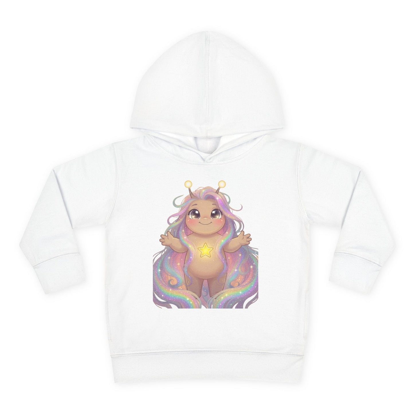 White hoodie featuring a cute pastel creature with horns, long flowing multi-colored hair, arms raised joyfully, sitting on rainbow waves and clouds.