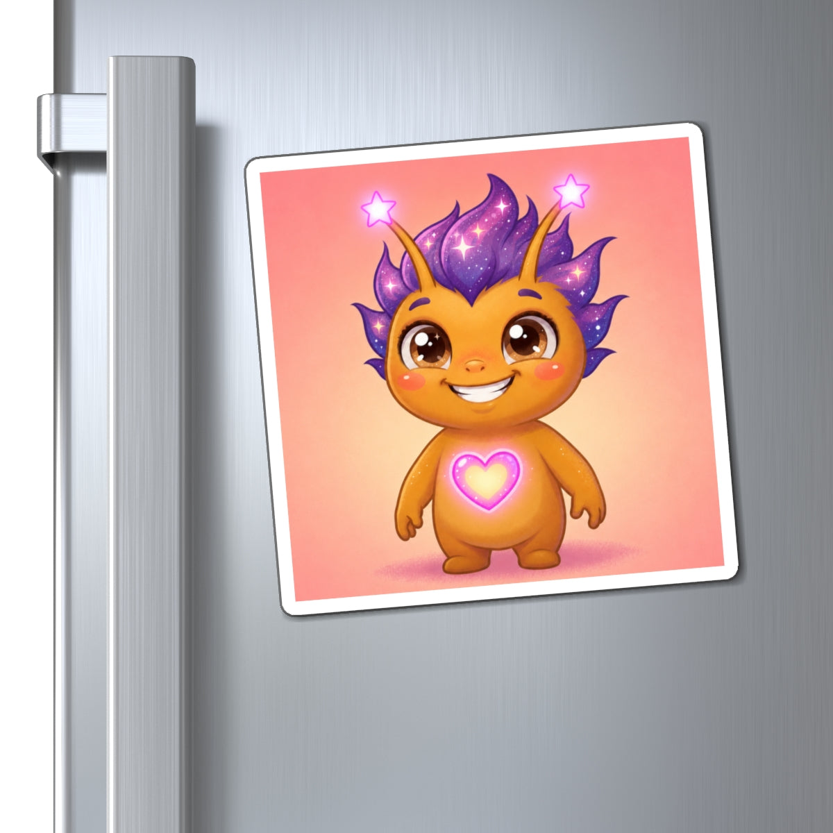A bright yellow/orange little dragon-like creature
Spiky purple galaxy hair
Two antennae topped with glowing stars
Big sparkly brown eyes and a big happy smile
A glowing purple heart on its chest
Soft pink/peach background with a white border (like a magnet or sticker)