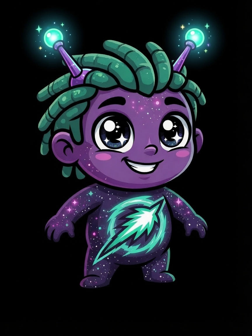 Ech-O the Courage Trait Buddy with green hair and glowing cyan lightning bolt emblem from OrbPals