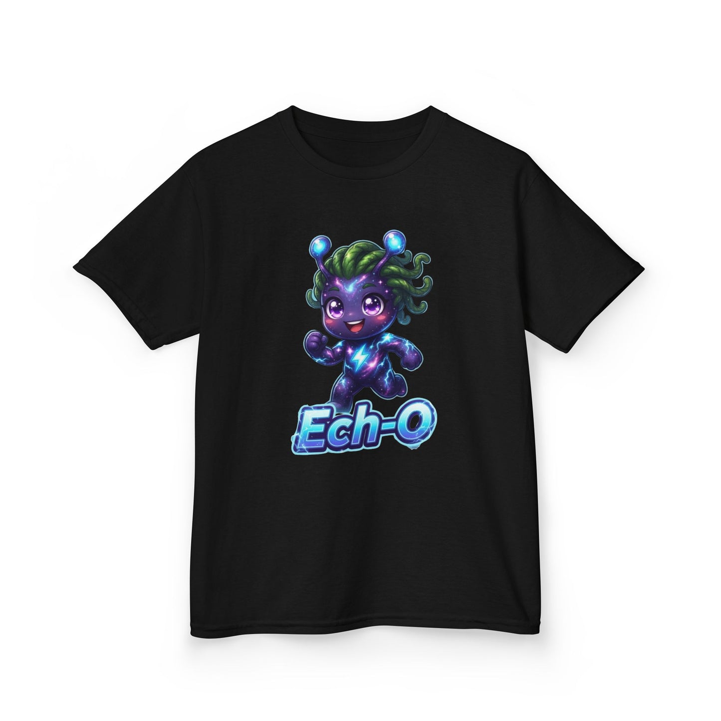 Black kids t-shirt featuring Ech-O the Courage Trait Buddy with green hair and lightning bolt emblem from OrbPals