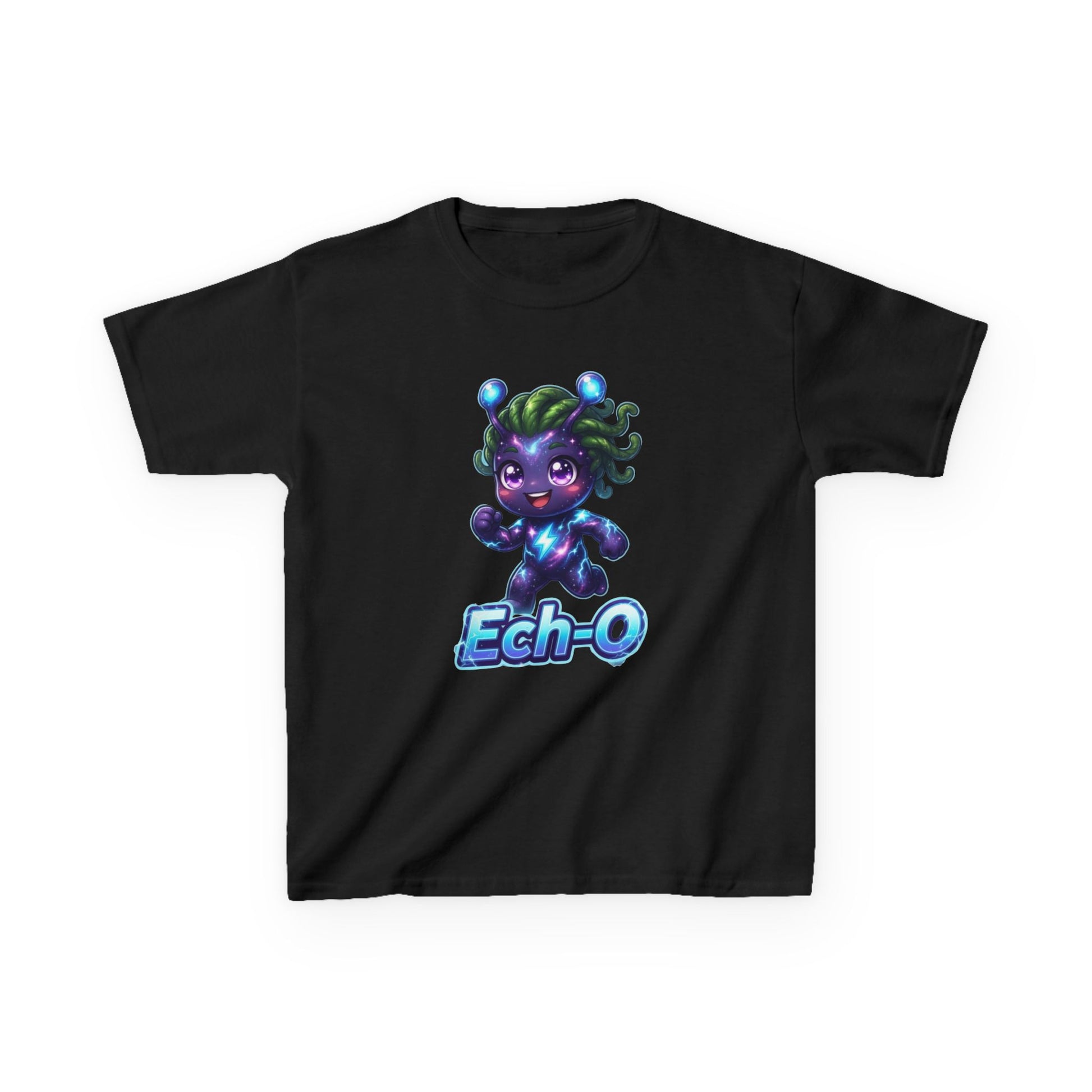 Black kids t-shirt featuring Ech-O the Courage Trait Buddy with green hair and lightning bolt emblem from OrbPals