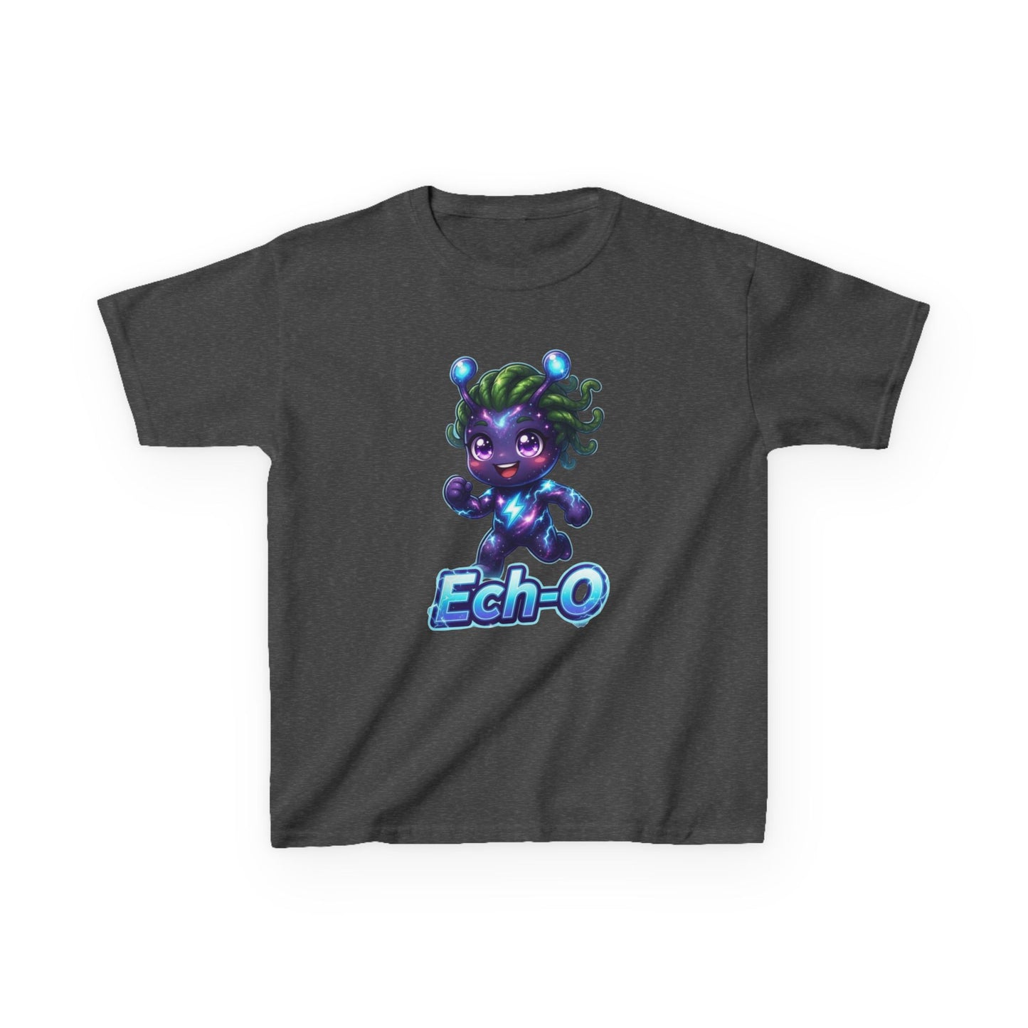 Dark gray kids t-shirt featuring Ech-O the Courage Trait Buddy with green hair and lightning bolt emblem from OrbPals