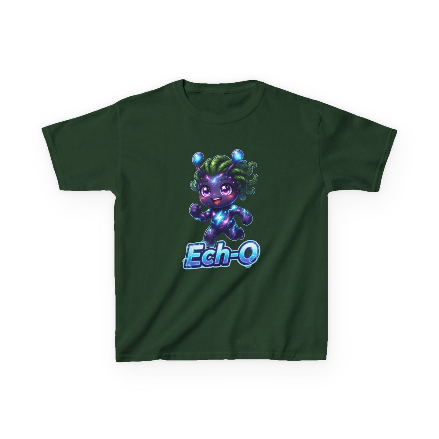Green kids t-shirt featuring Ech-O the Courage Trait Buddy with green hair and lightning bolt emblem from OrbPals