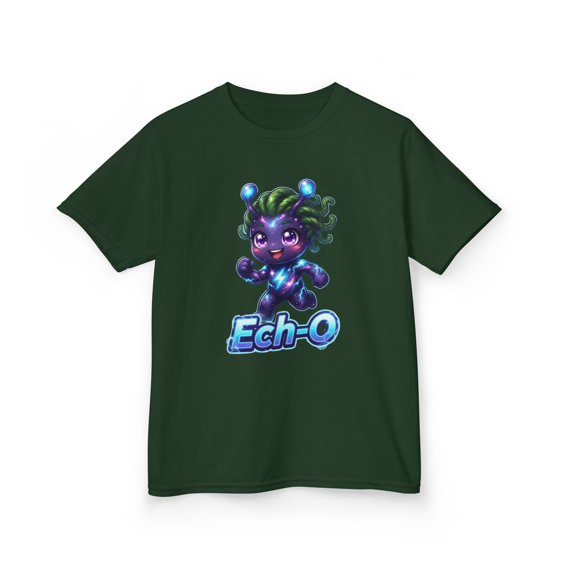 Green kids t-shirt featuring Ech-O the Courage Trait Buddy with green hair and lightning bolt emblem from OrbPals
