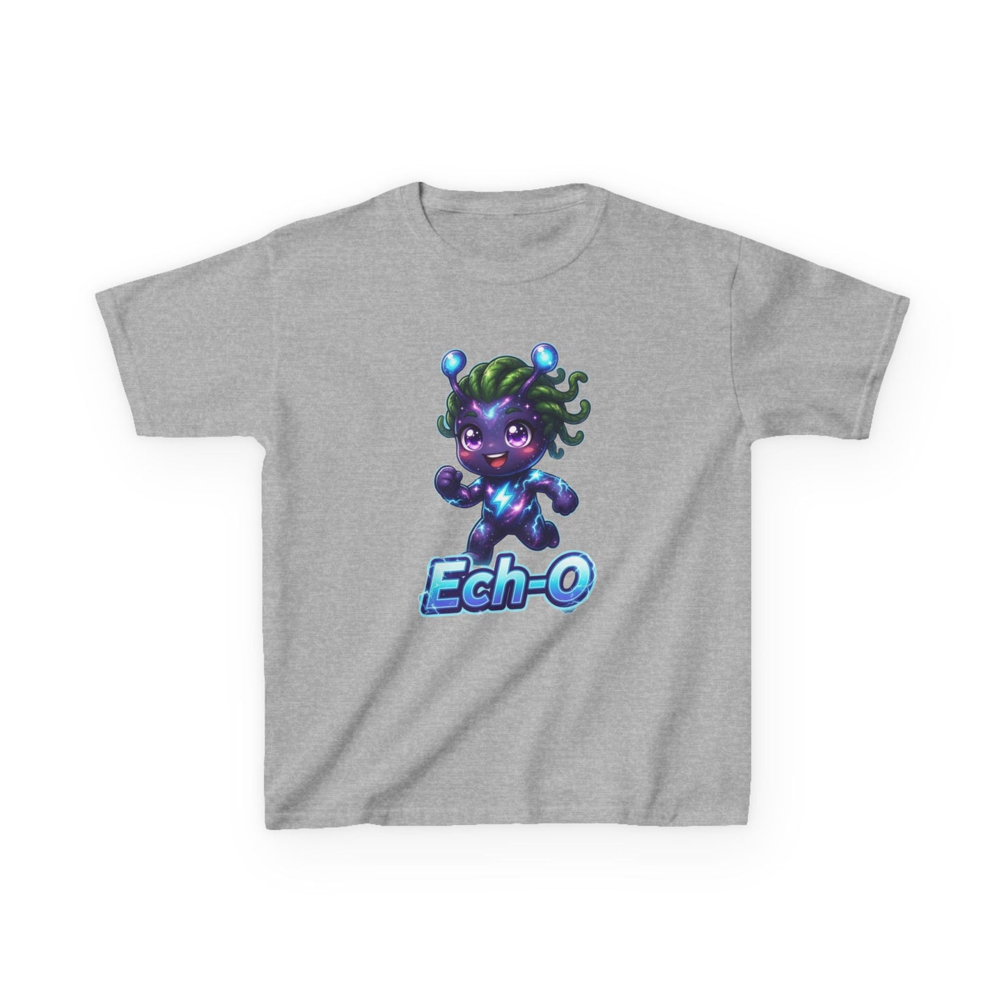 Heather gray kids t-shirt featuring Ech-O the Courage Trait Buddy with green hair and lightning bolt emblem from OrbPals