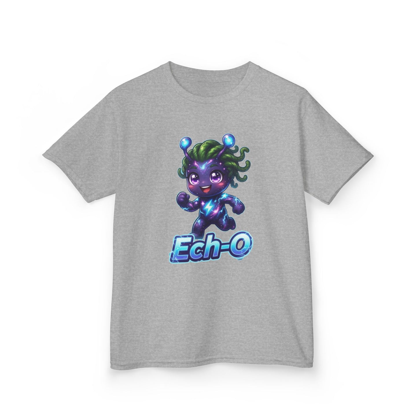 Heather gray kids t-shirt featuring Ech-O the Courage Trait Buddy with green hair and lightning bolt emblem from OrbPals