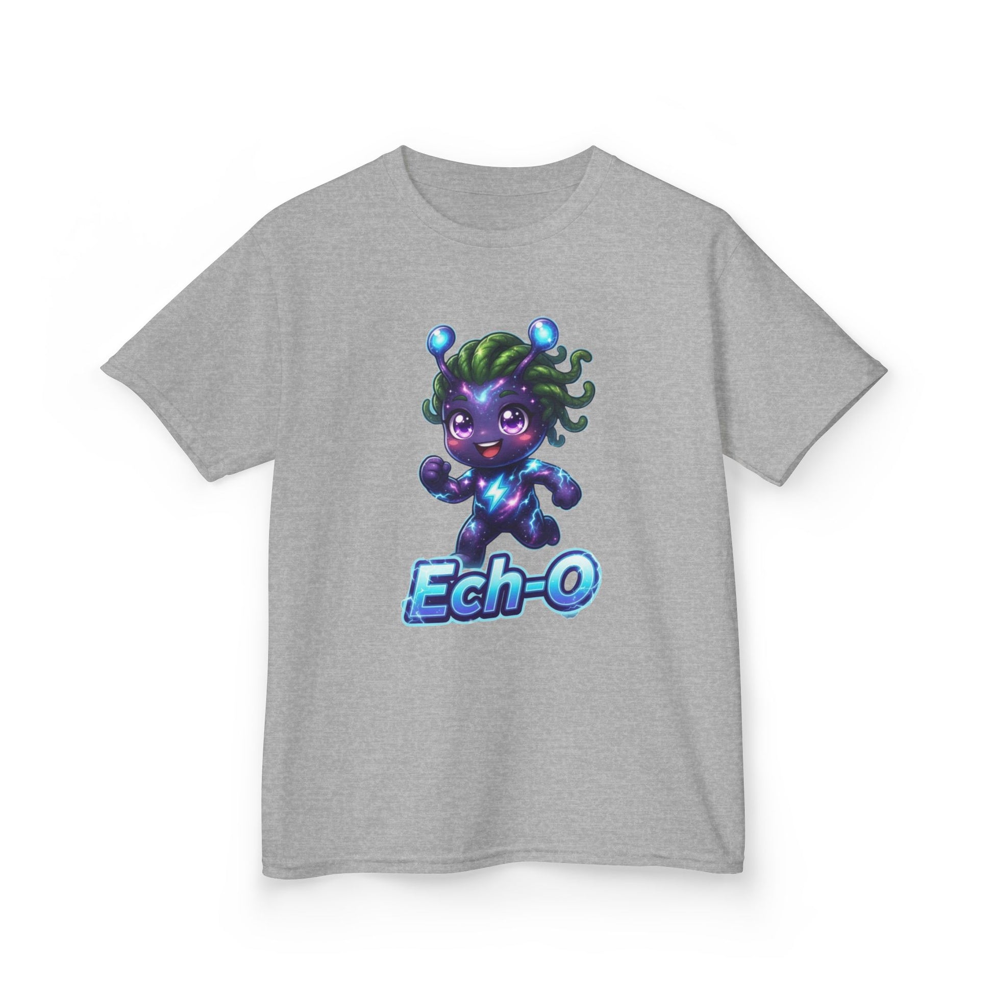 Heather gray kids t-shirt featuring Ech-O the Courage Trait Buddy with green hair and lightning bolt emblem from OrbPals