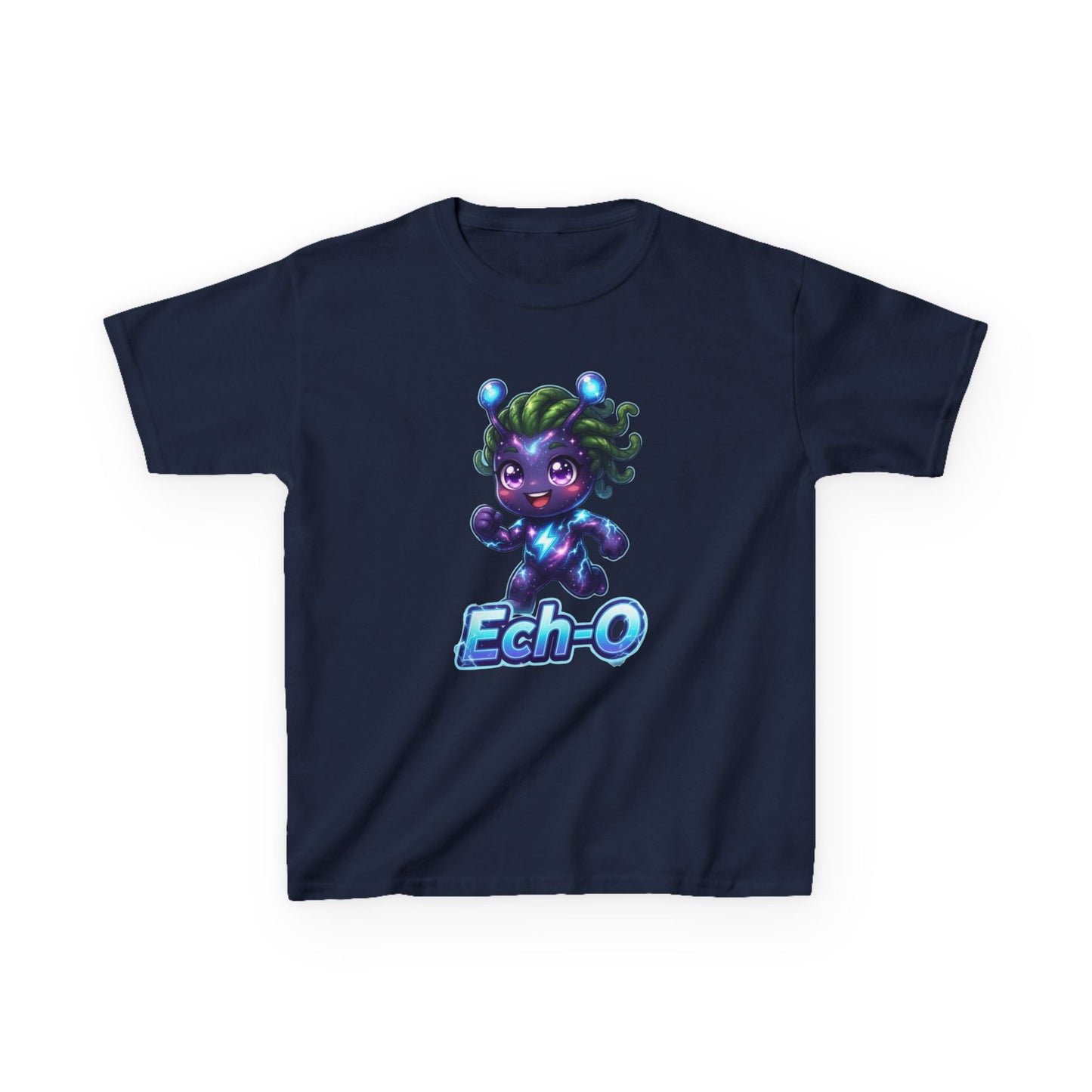 Navy blue kids t-shirt featuring Ech-O the Courage Trait Buddy with green hair and lightning bolt emblem from OrbPals