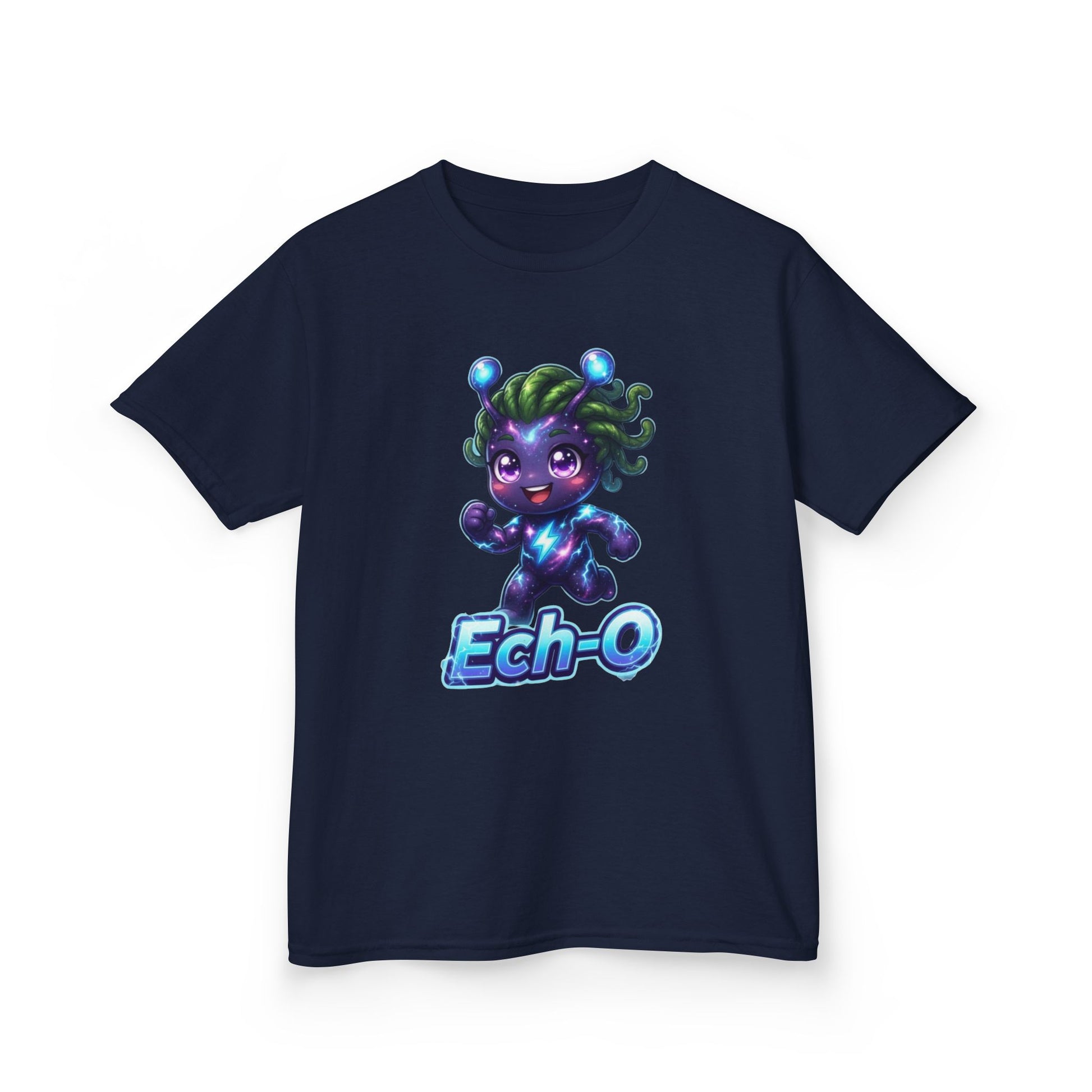 Navy blue kids t-shirt featuring Ech-O the Courage Trait Buddy with green hair and lightning bolt emblem from OrbPals