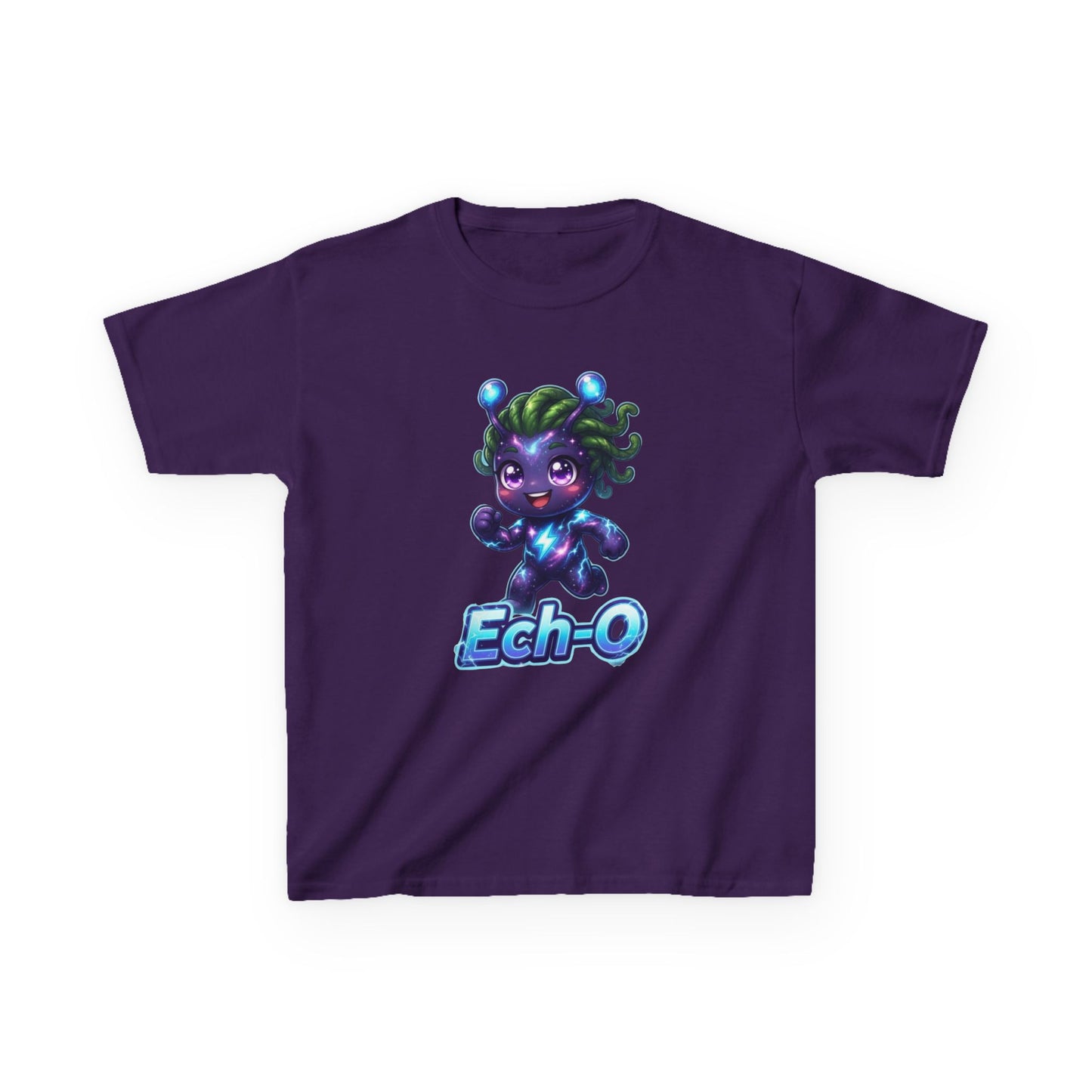 Purple kids t-shirt featuring Ech-O the Courage Trait Buddy with green hair and lightning bolt emblem from OrbPals