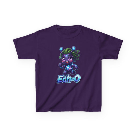 Purple kids t-shirt featuring Ech-O the Courage Trait Buddy with green hair and lightning bolt emblem from OrbPals