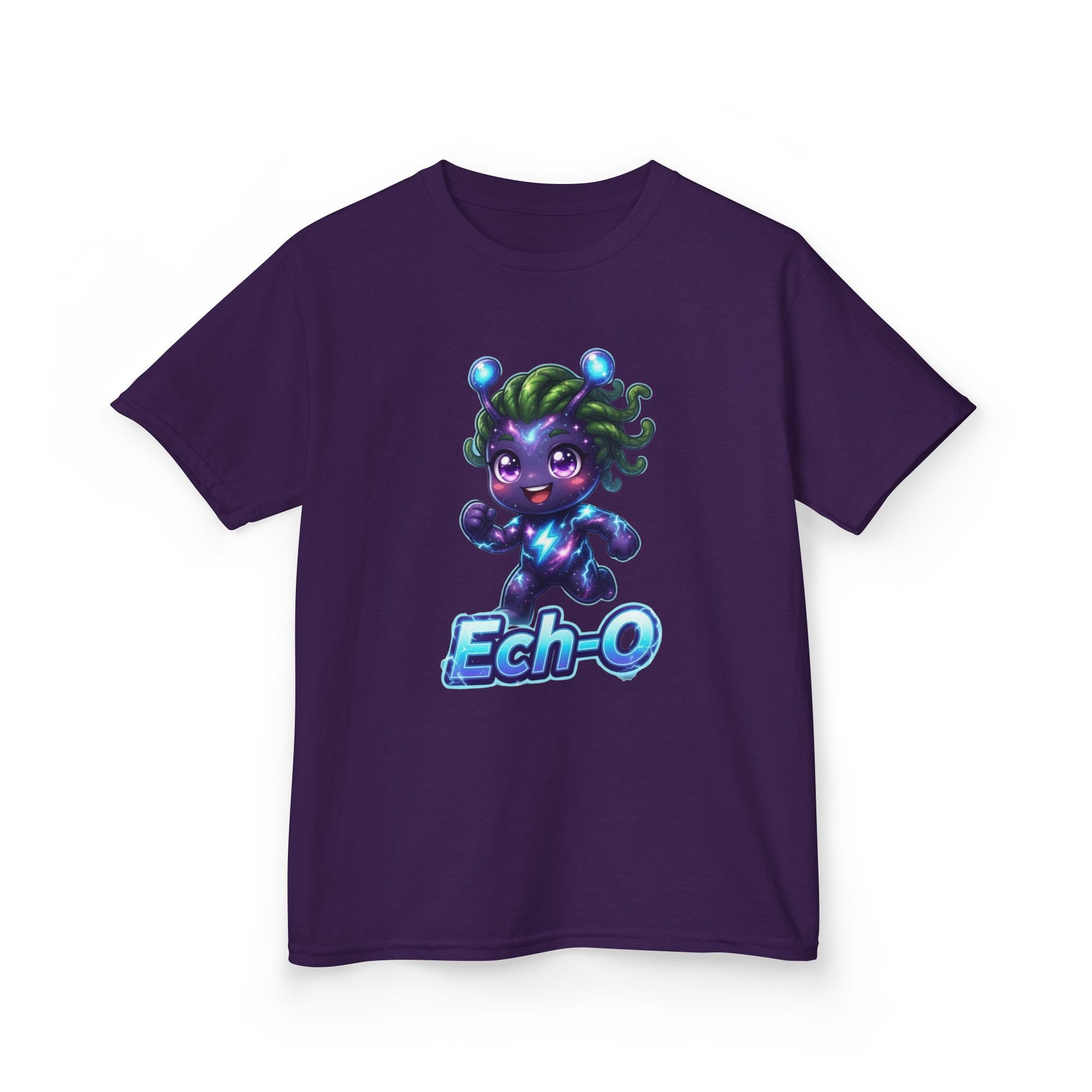 Purple kids t-shirt featuring Ech-O the Courage Trait Buddy with green hair and lightning bolt emblem from OrbPals