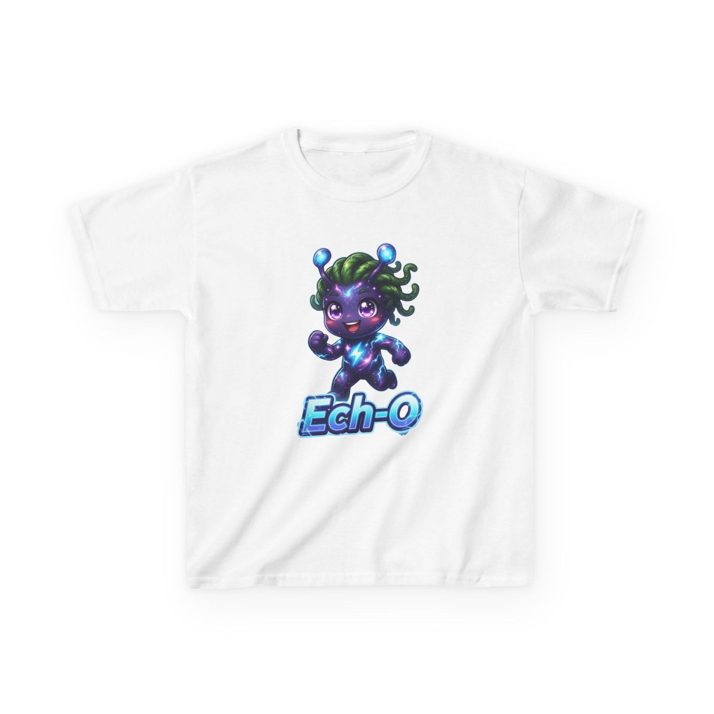 White kids t-shirt featuring Ech-O the Courage Trait Buddy with green hair and lightning bolt emblem from OrbPals