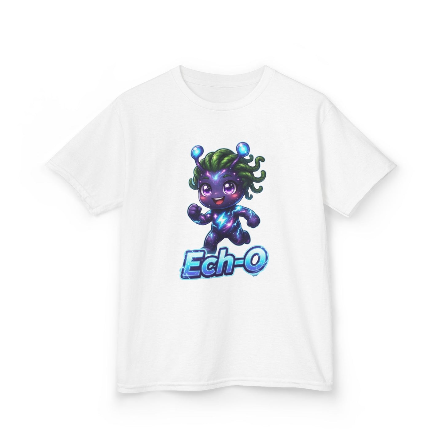 White kids t-shirt featuring Ech-O the Courage Trait Buddy with green hair and lightning bolt emblem from OrbPals