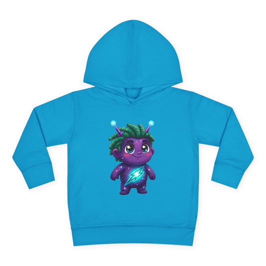 Cyan blue hoodie featuring a cute purple alien character with green hair, glowing antennae, and a glowing blue lightning bolt on its chest.