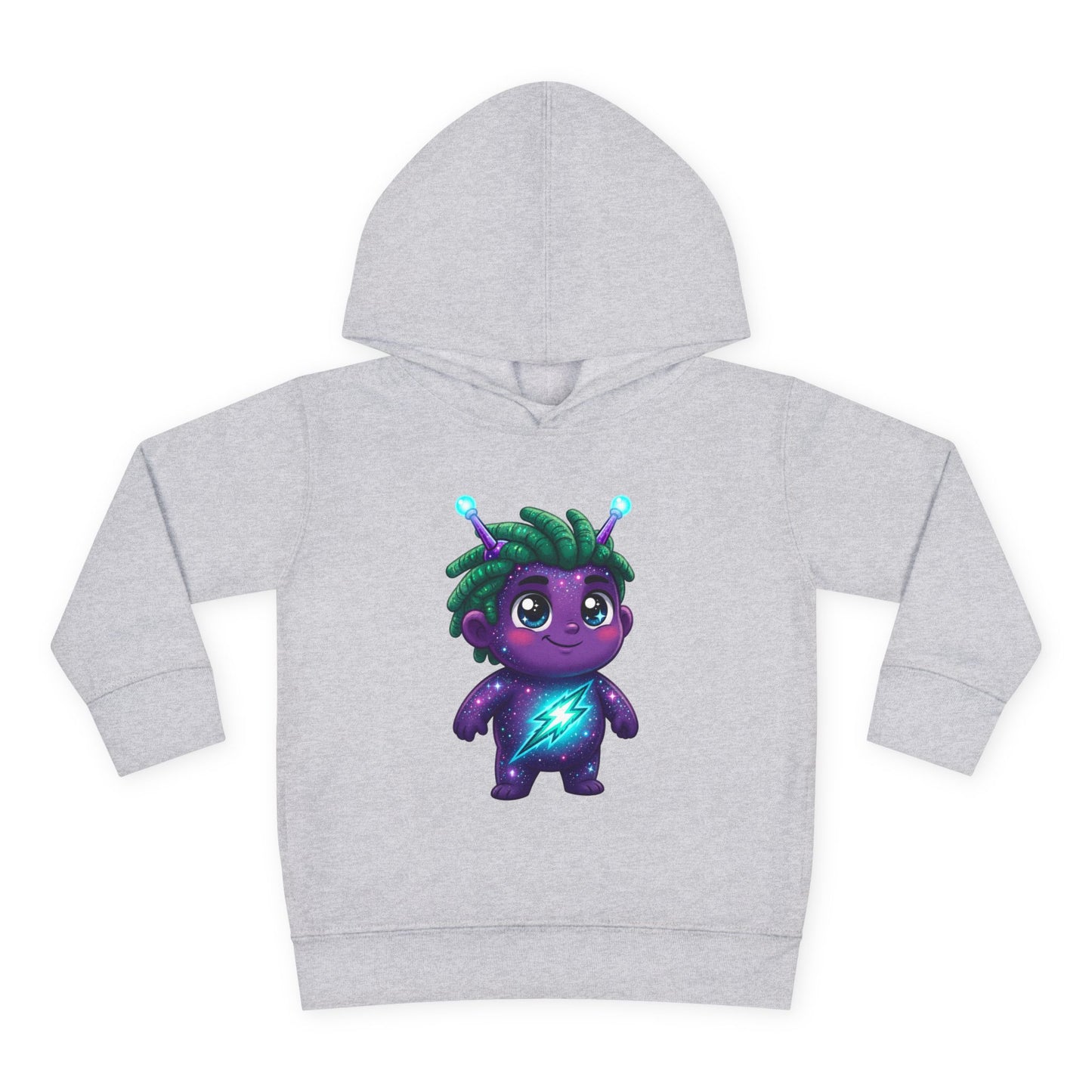 Gray hoodie featuring a cute purple alien character with green hair, glowing antennae, and a glowing blue lightning bolt on its chest.