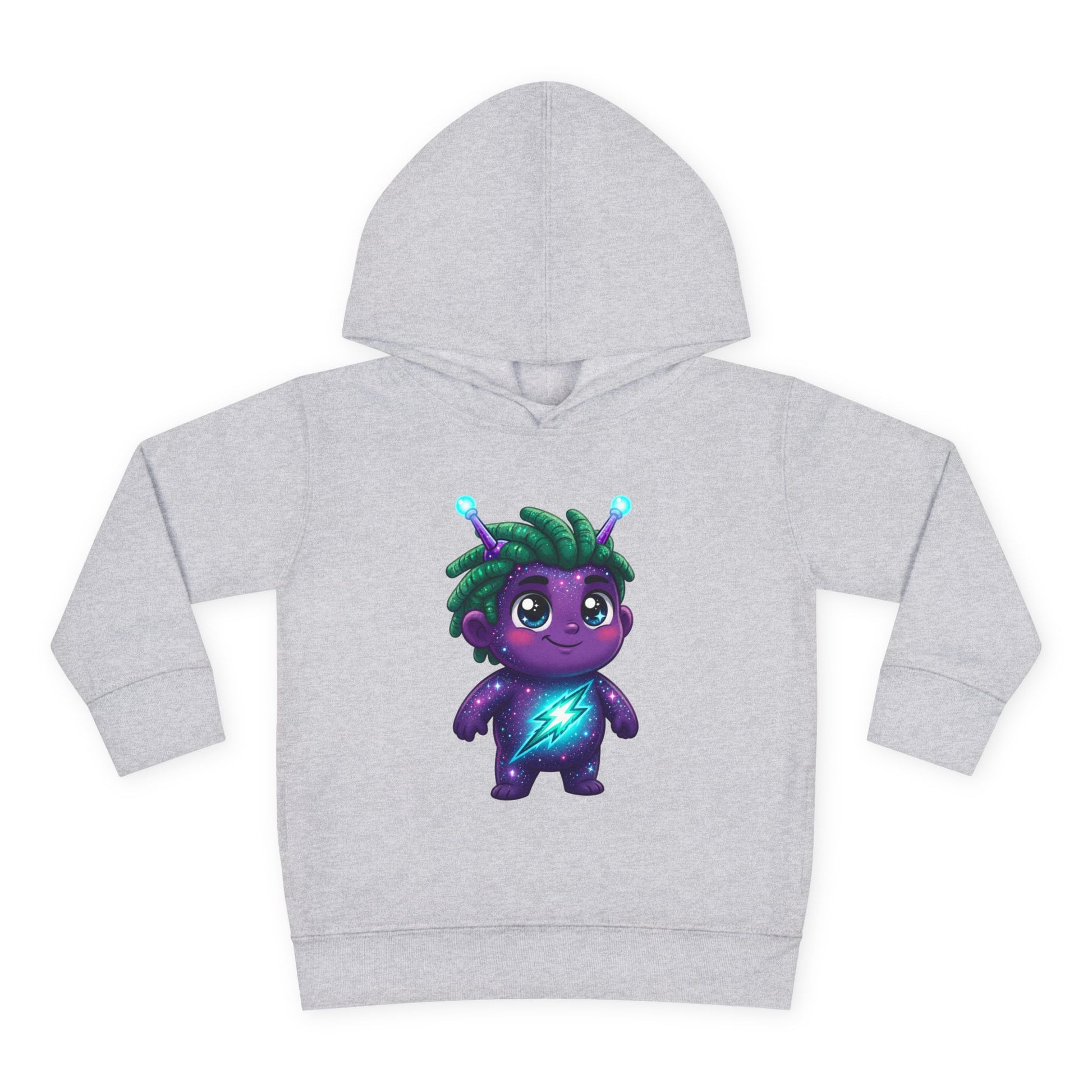Gray hoodie featuring a cute purple alien character with green hair, glowing antennae, and a glowing blue lightning bolt on its chest.