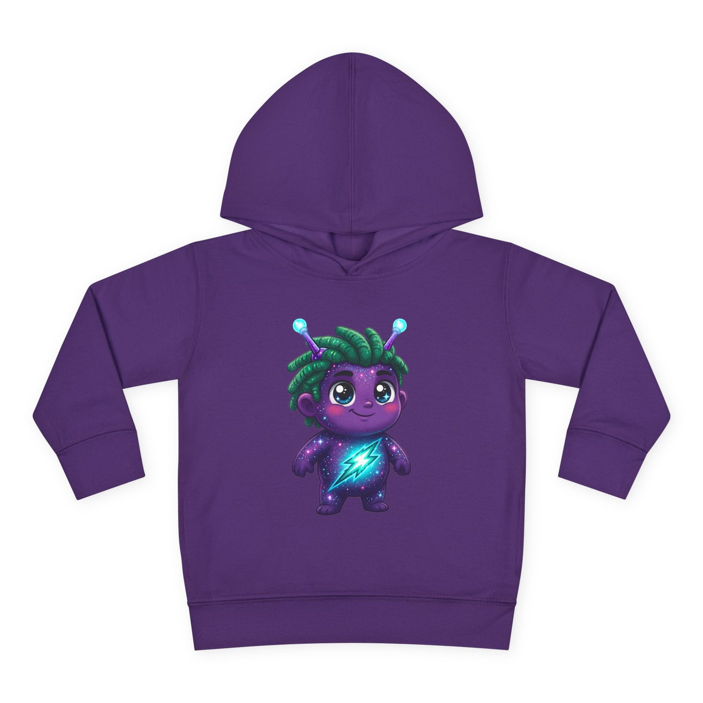 Purple hoodie featuring a cute purple alien character with green hair, glowing antennae, and a glowing blue lightning bolt on its chest.