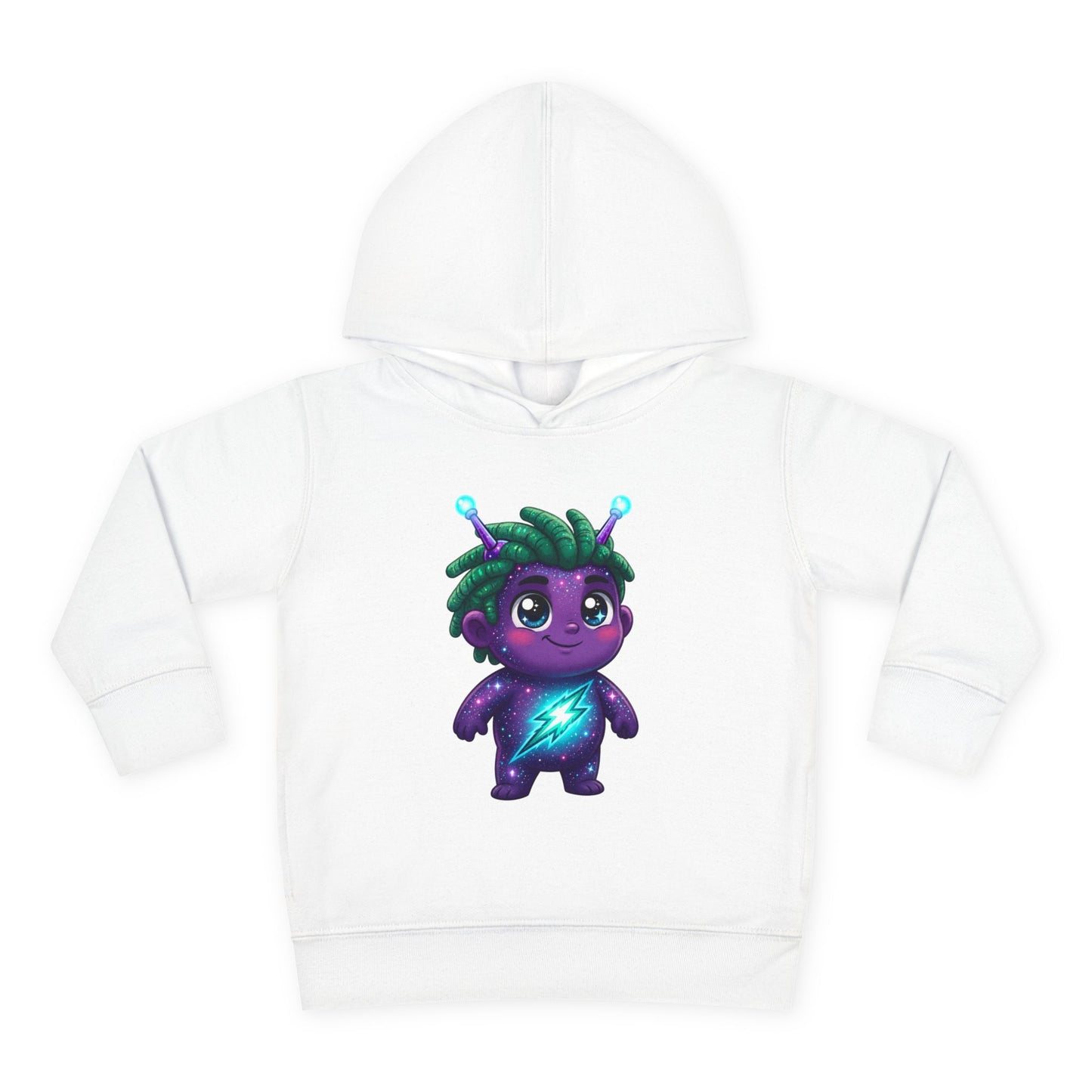 White hoodie featuring a cute purple alien character with green hair, glowing antennae, and a glowing blue lightning bolt on its chest.