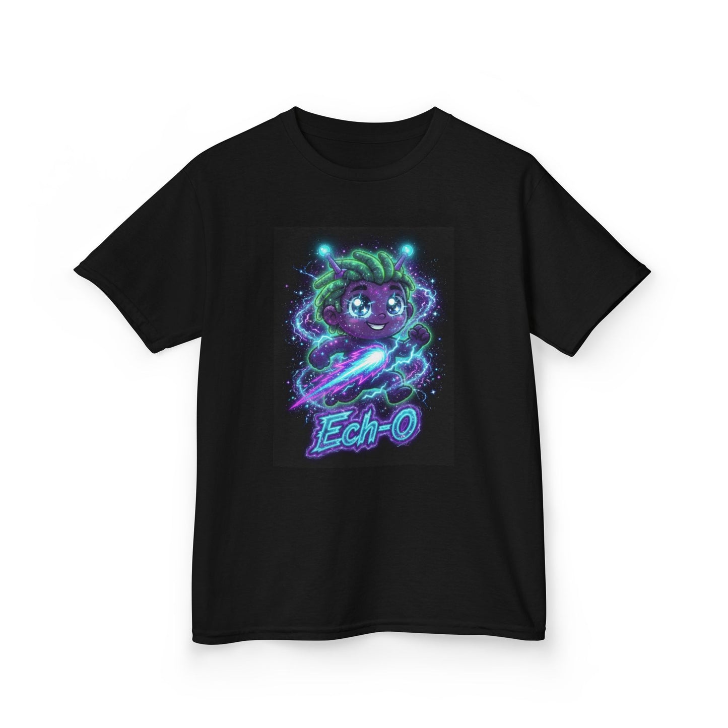 Black crew-neck t-shirt featuring a smiling purple alien character with green hair, glowing blue antennae, dynamic energy effects and lightning, with the stylized text “Ech-O” in neon lettering below.
