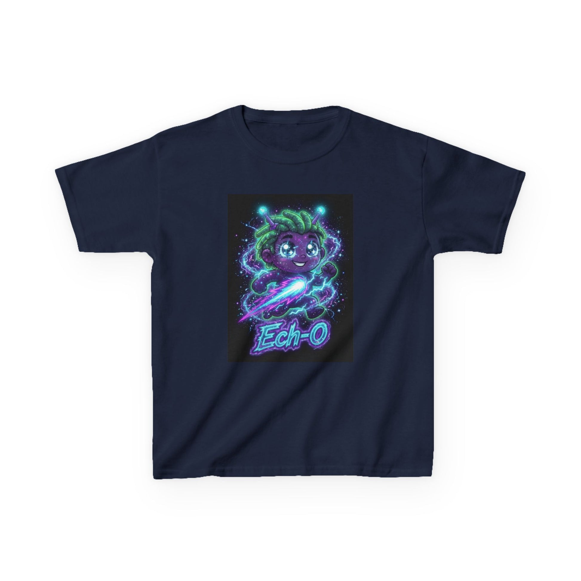 Navy blue crew-neck t-shirt featuring a smiling purple alien character with green hair, glowing blue antennae, dynamic energy effects and lightning, with the stylized text “Ech-O” in neon lettering below.