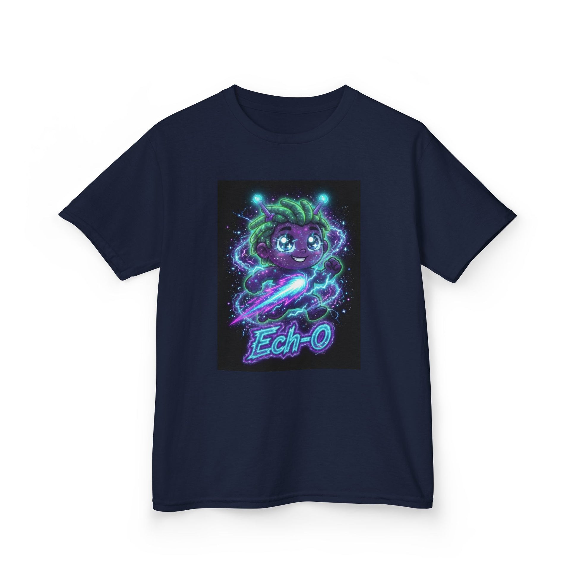 Navy blue crew-neck t-shirt featuring a smiling purple alien character with green hair, glowing blue antennae, dynamic energy effects and lightning, with the stylized text “Ech-O” in neon lettering below.