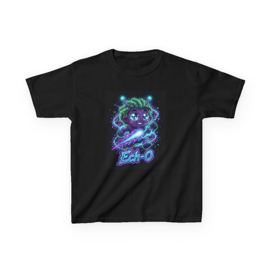 Black crew-neck t-shirt with a vibrant neon graphic of a smiling purple alien character with green hair, glowing blue antennae, energy trails, and the stylized text “Ech-O” on a dark background.
