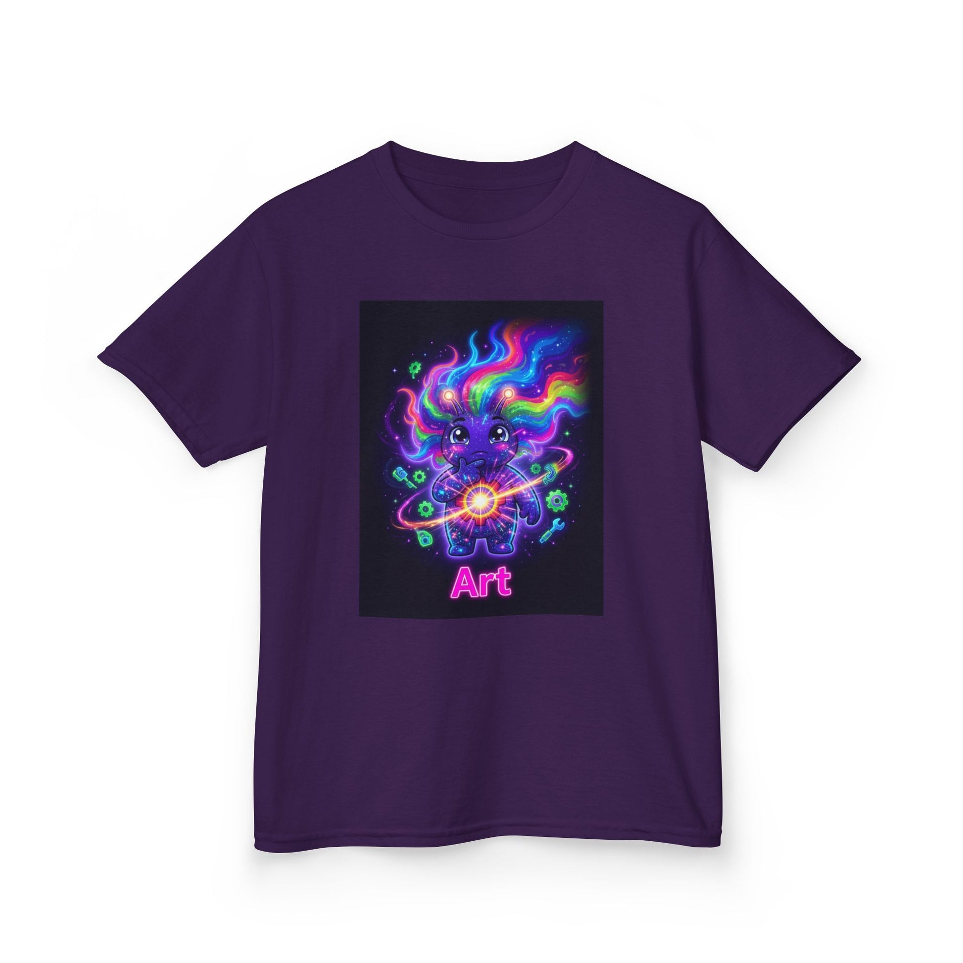 A vibrant purple crew-neck tee featuring a neon-glow cartoon character with wild rainbow hair, big expressive eyes, and a glowing energy orb, set against a dark square with the word “Art” below.