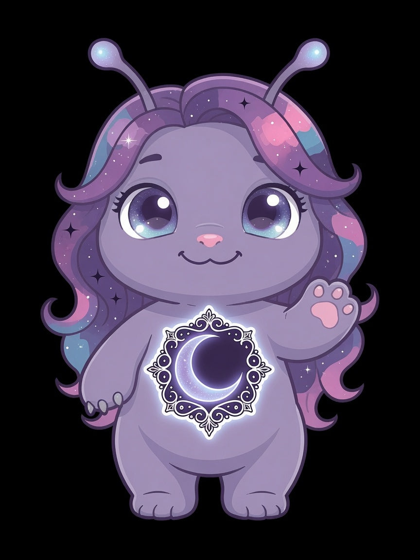 Luna the Imagination Trait Buddy with galaxy hair and glowing crescent moon emblem from OrbPals