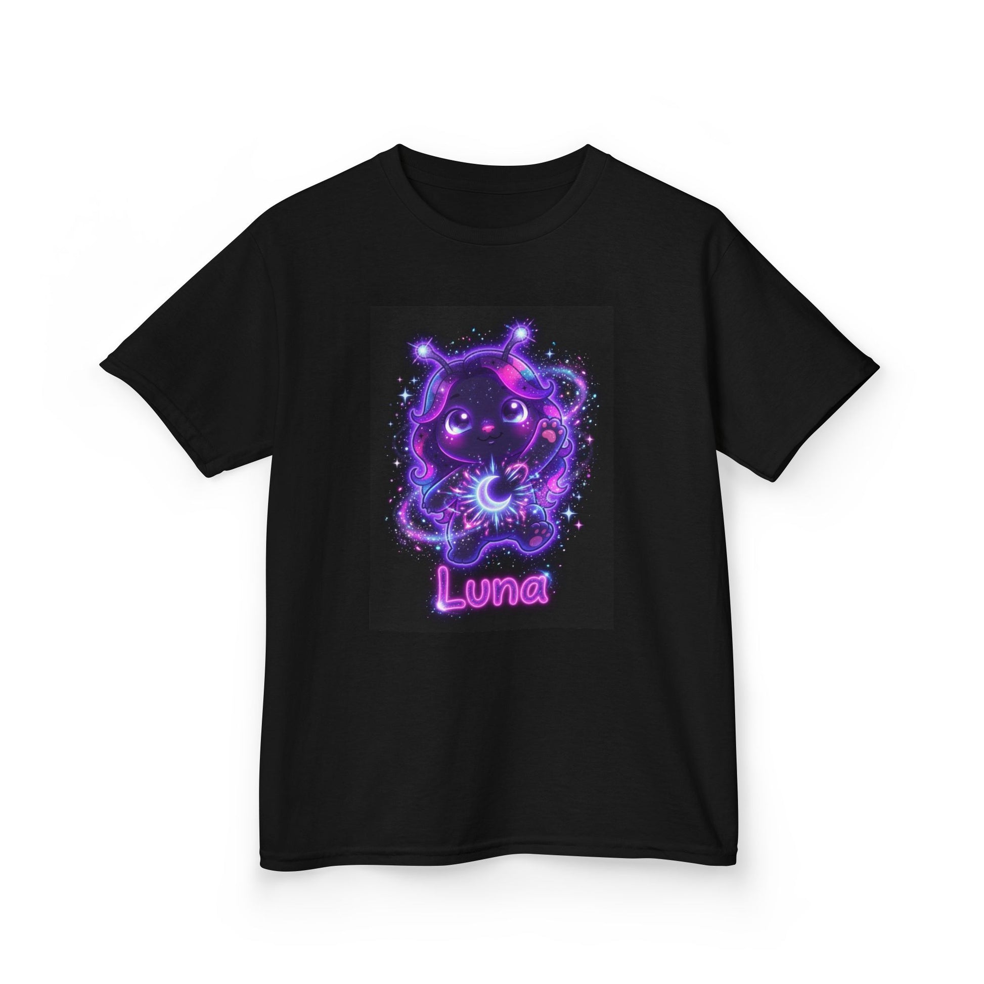 Black kids t-shirt featuring Luna the Imagination Trait Buddy as a purple galaxy cat with crescent moon from OrbPals