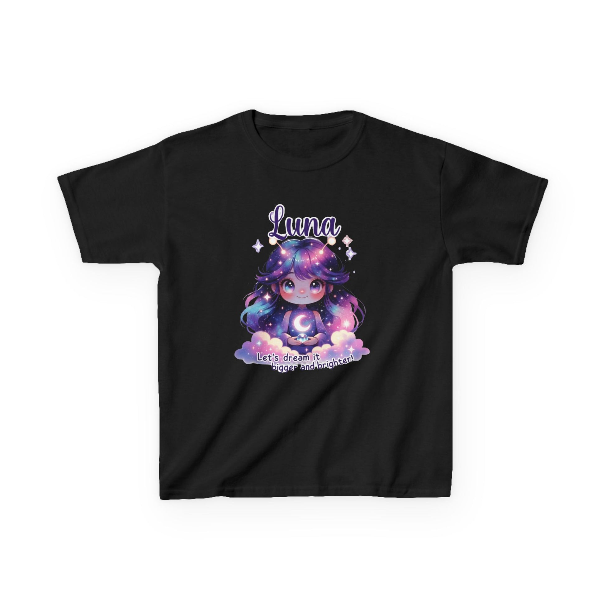 Black kids t-shirt featuring Luna the Imagination Trait Buddy with galaxy hair and crescent moon from OrbPals
