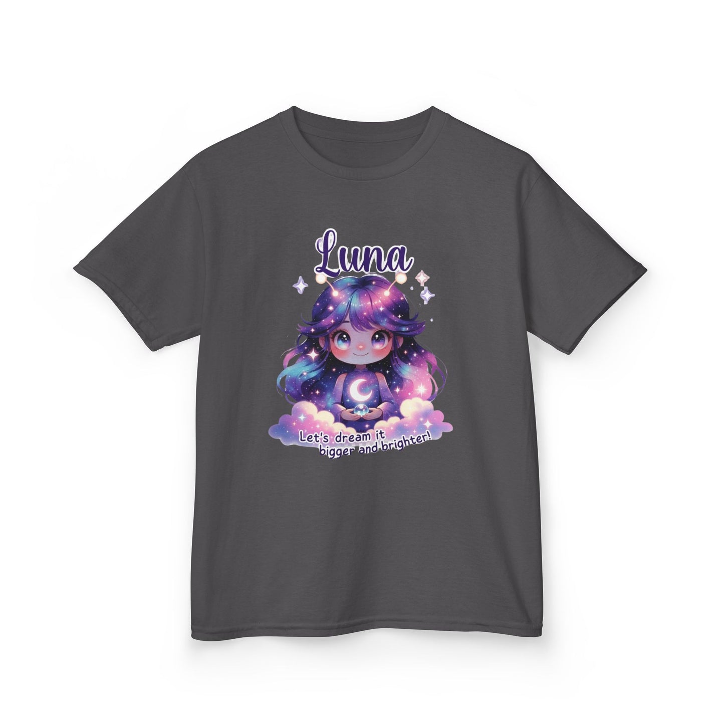 Dark gray kids t-shirt featuring Luna the Imagination Trait Buddy with galaxy hair and crescent moon from OrbPals