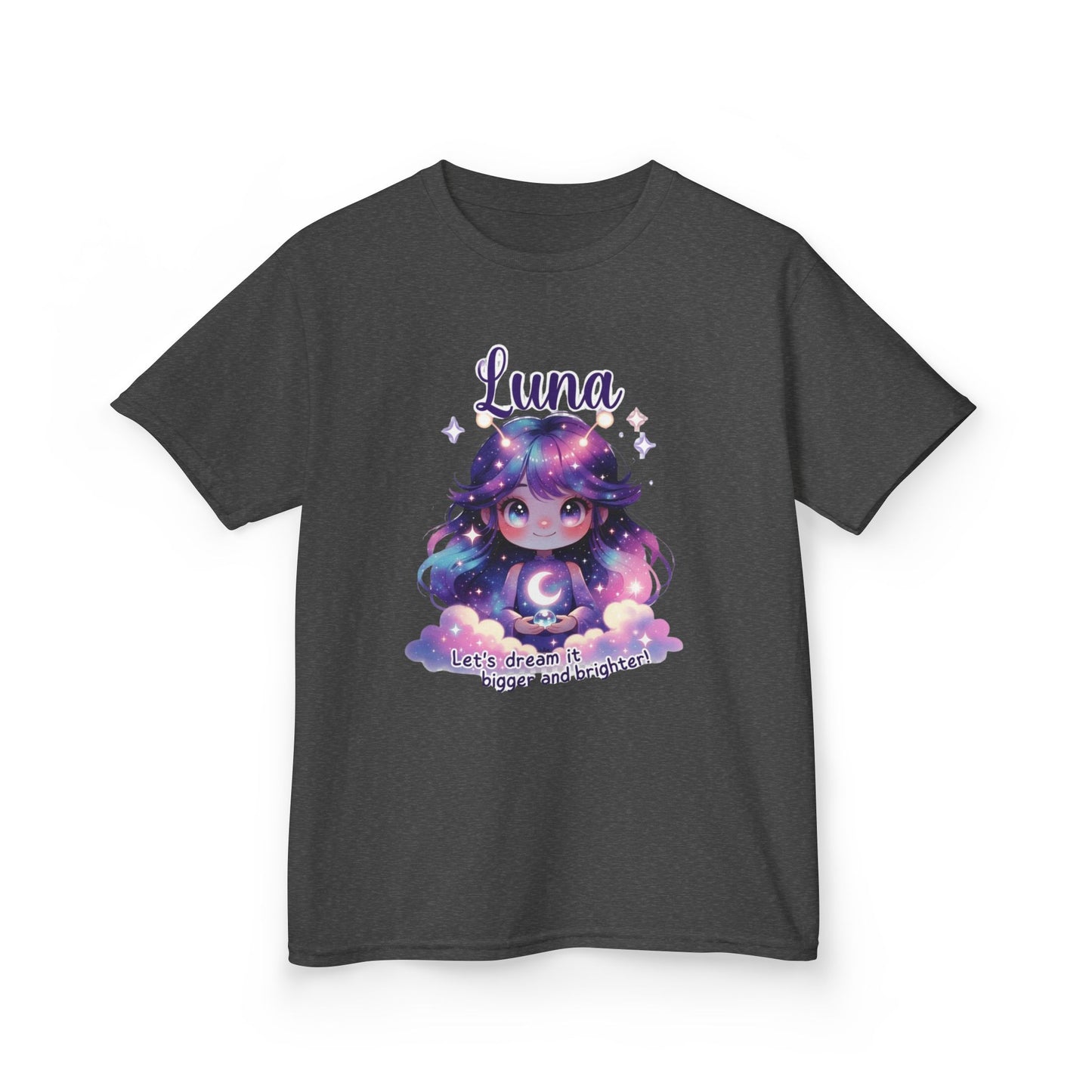 Dark gray kids t-shirt featuring Luna the Imagination Trait Buddy with galaxy hair and crescent moon from OrbPals