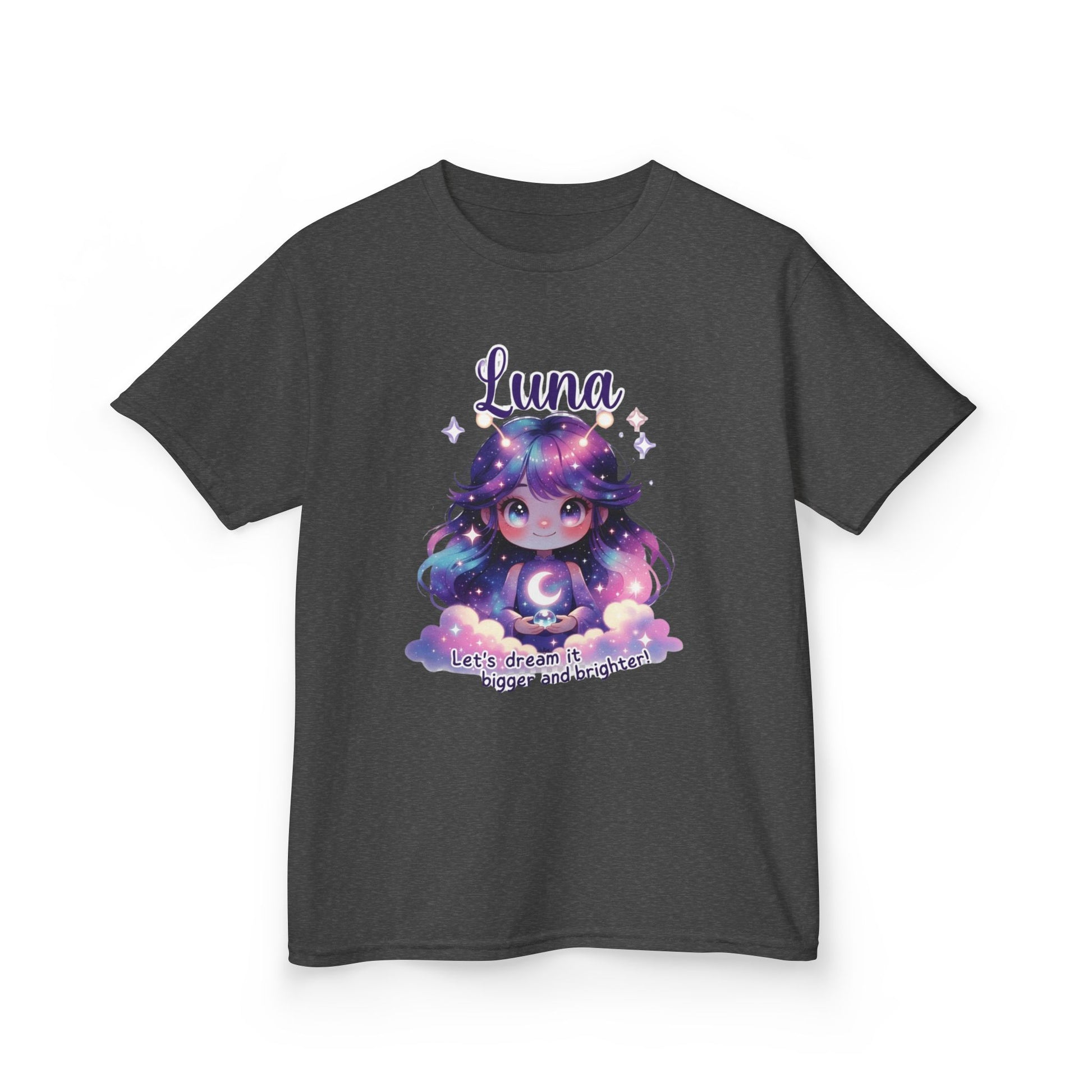 Dark gray kids t-shirt featuring Luna the Imagination Trait Buddy with galaxy hair and crescent moon from OrbPals