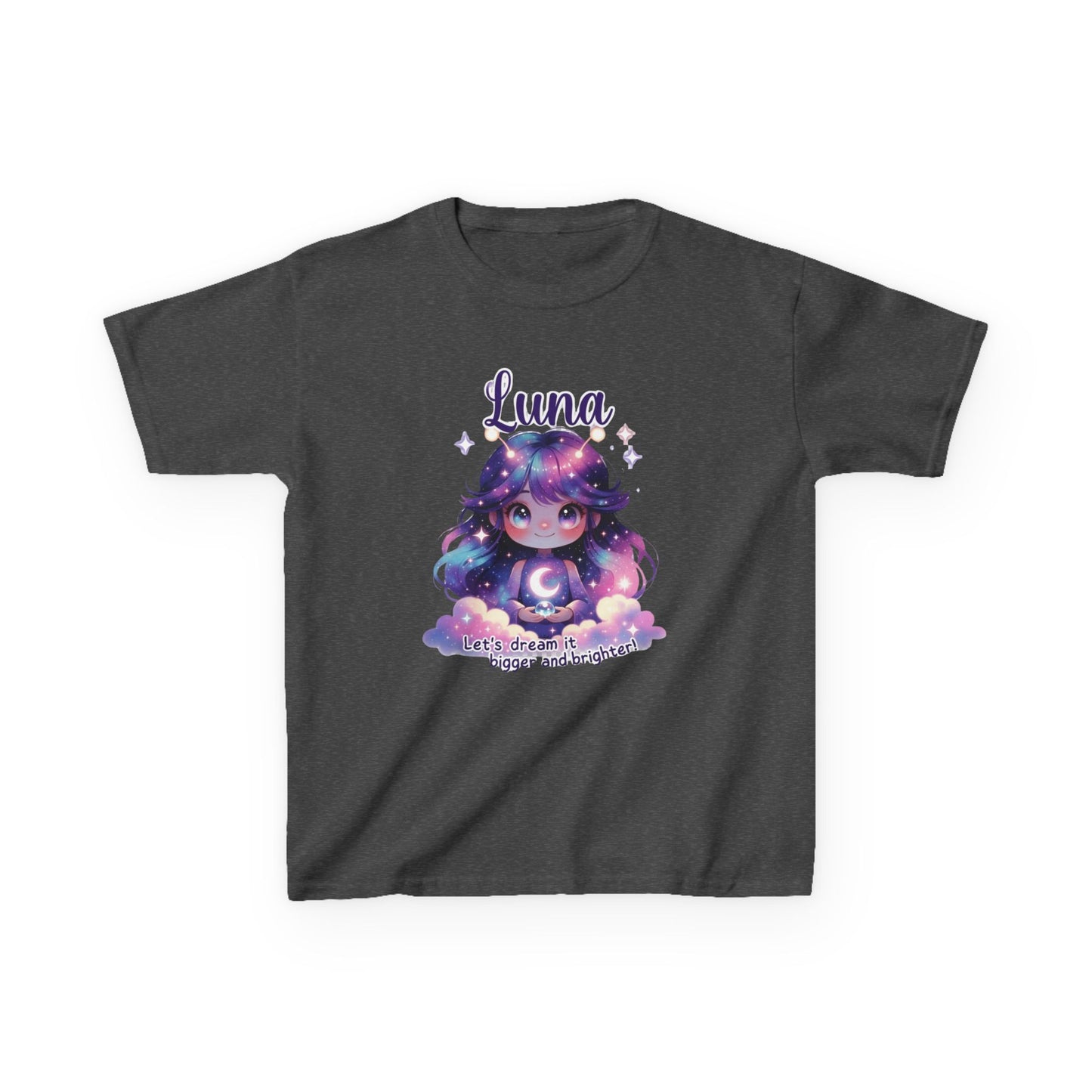 Dark gray kids t-shirt featuring Luna the Imagination Trait Buddy with galaxy hair and crescent moon from OrbPals