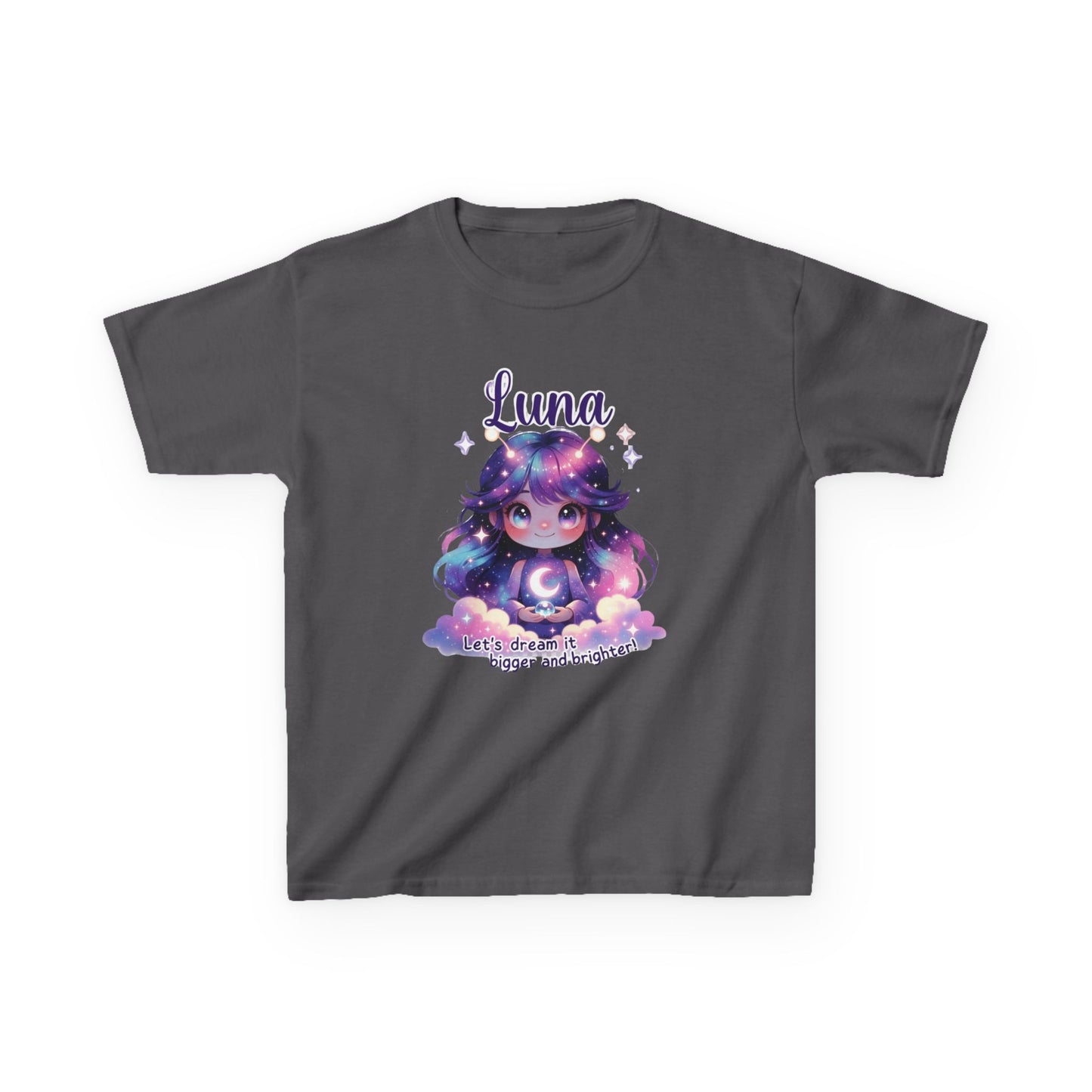 Dark gray kids t-shirt featuring Luna the Imagination Trait Buddy with galaxy hair and crescent moon from OrbPals