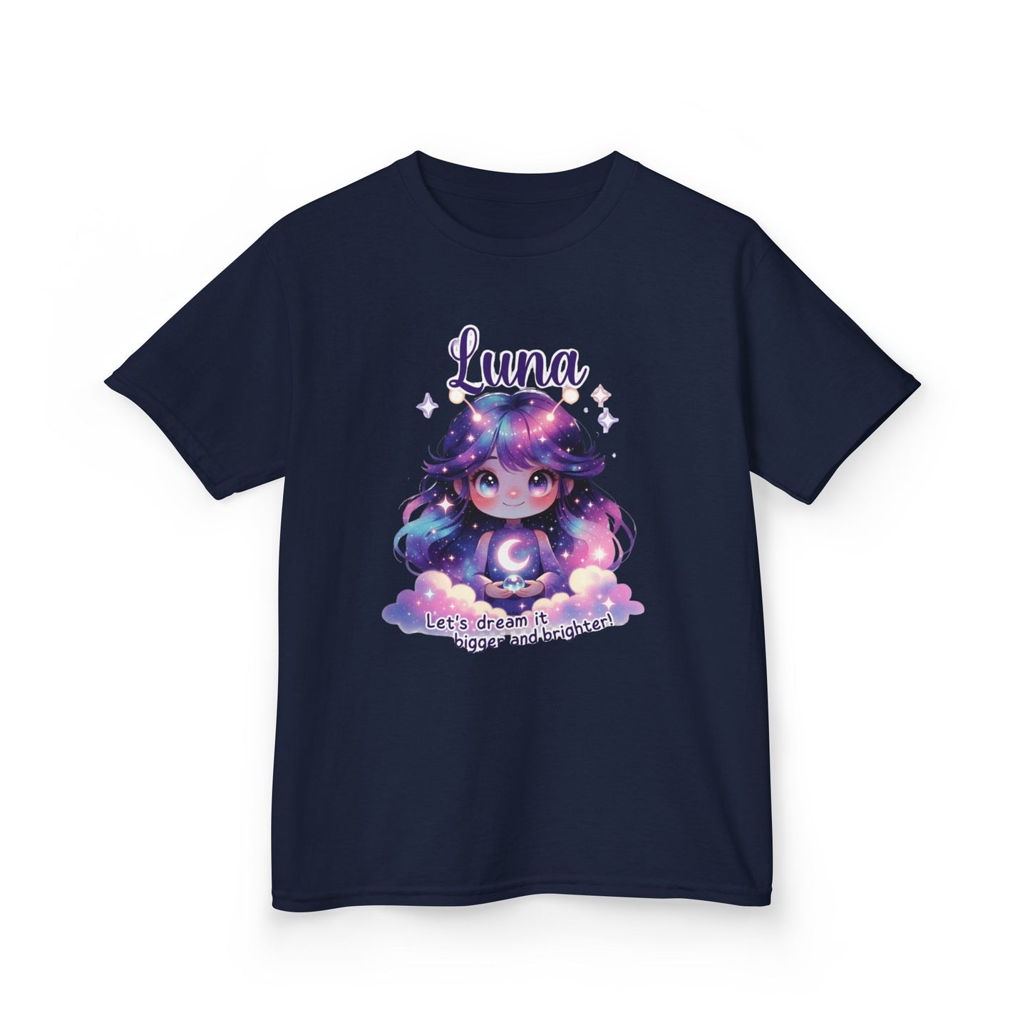 Navy blue kids t-shirt featuring Luna the Imagination Trait Buddy with galaxy hair and crescent moon from OrbPals