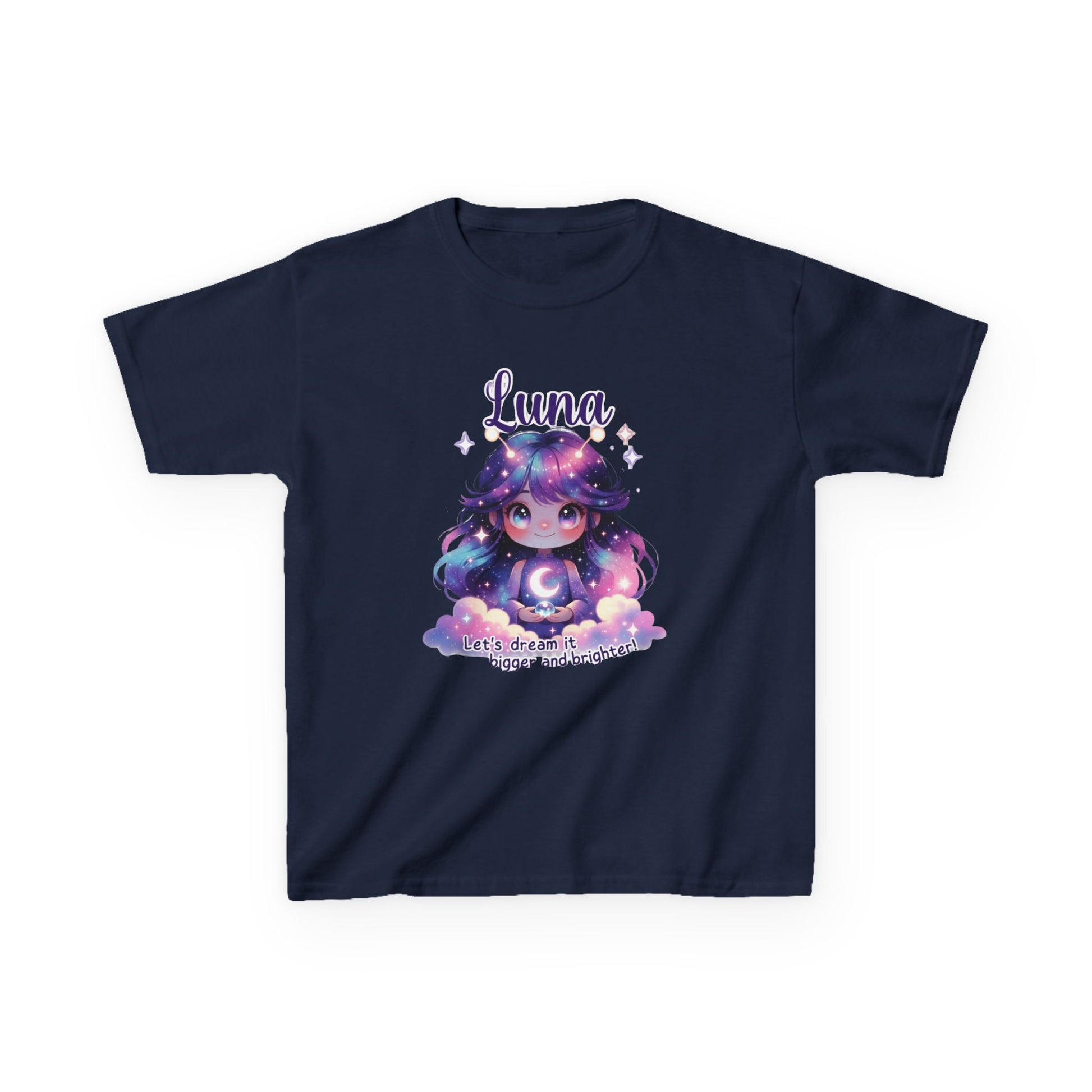 Navy blue kids t-shirt featuring Luna the Imagination Trait Buddy with galaxy hair and crescent moon from OrbPals