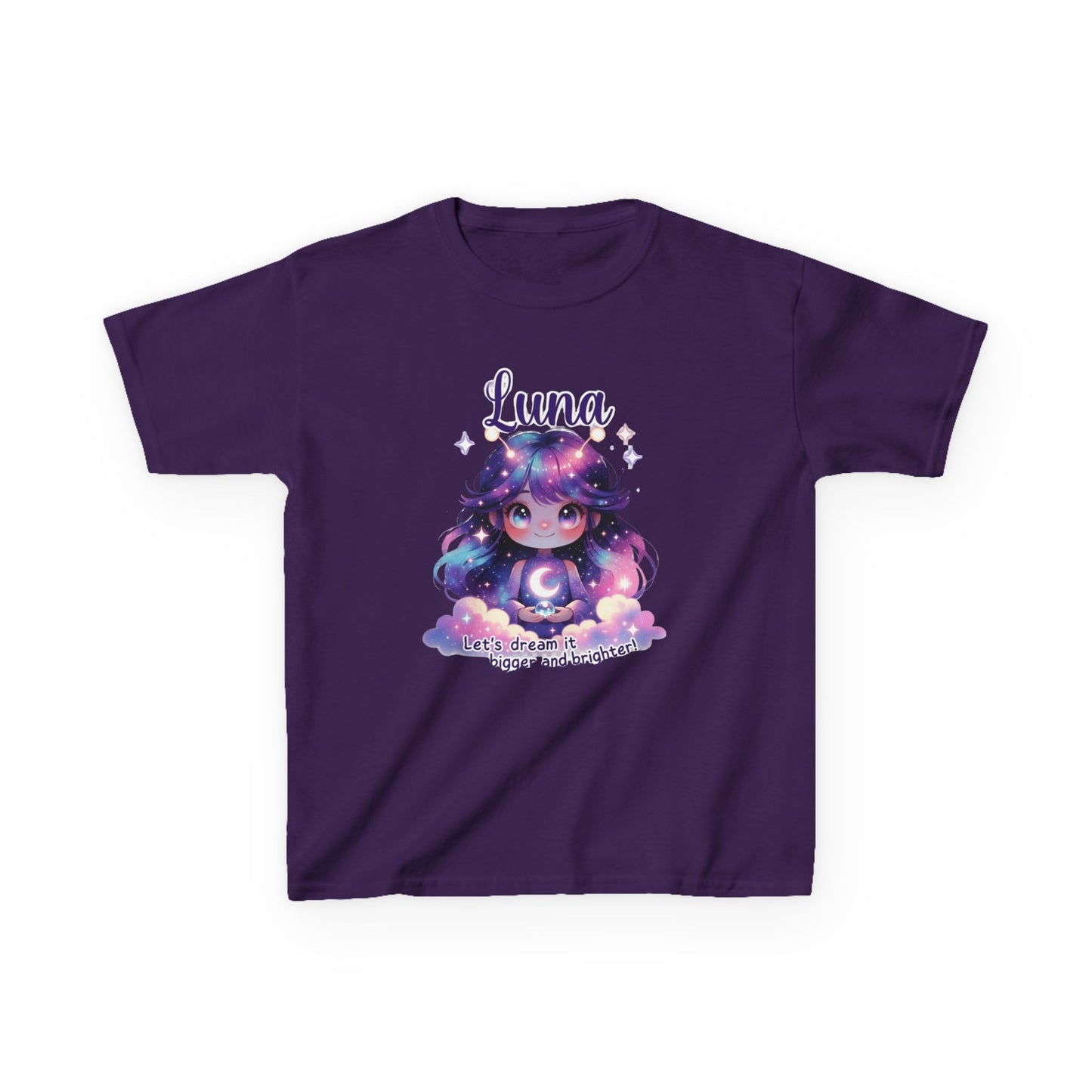 Purple kids t-shirt featuring Luna the Imagination Trait Buddy with galaxy hair and crescent moon from OrbPals