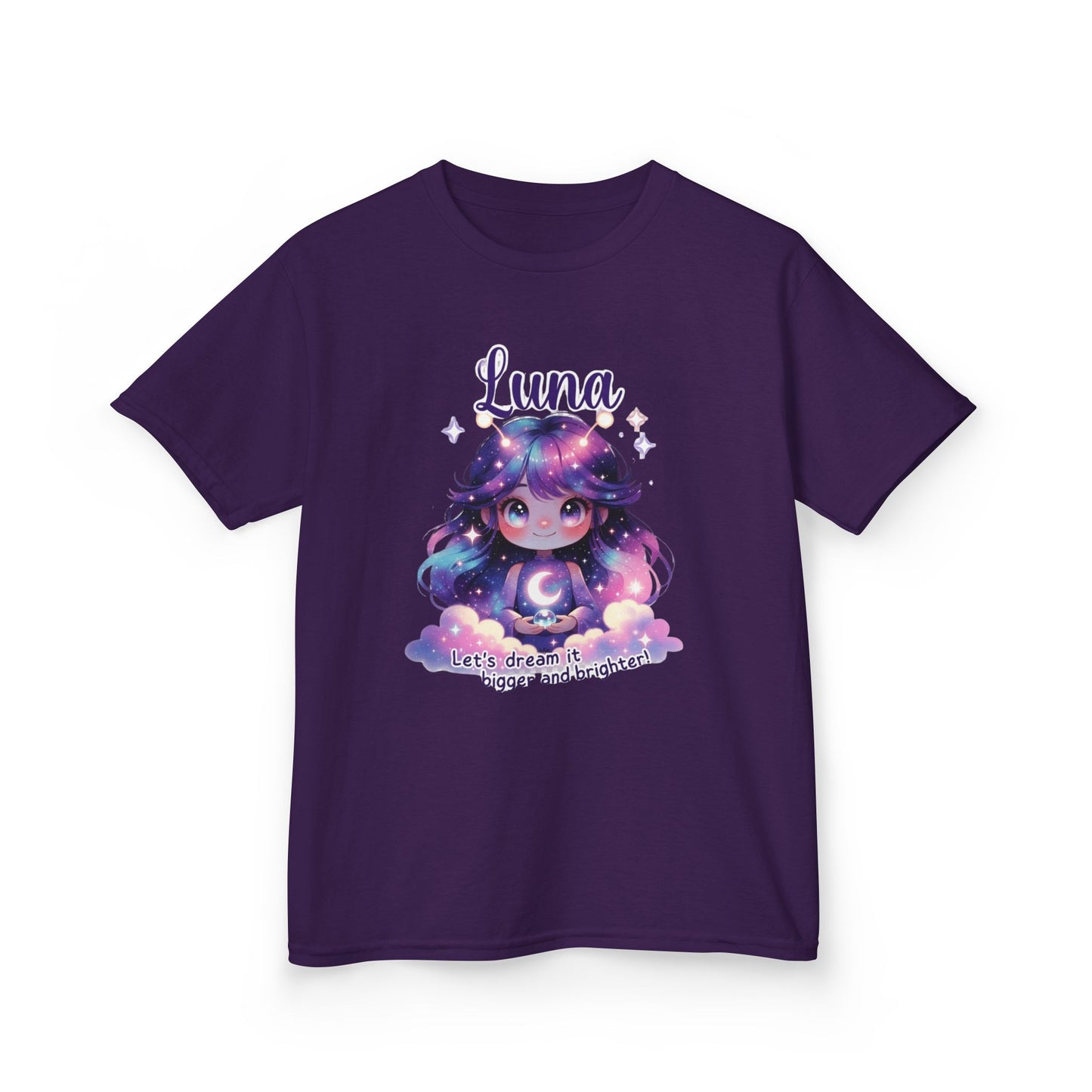 Purple kids t-shirt featuring Luna the Imagination Trait Buddy with galaxy hair and crescent moon from OrbPals