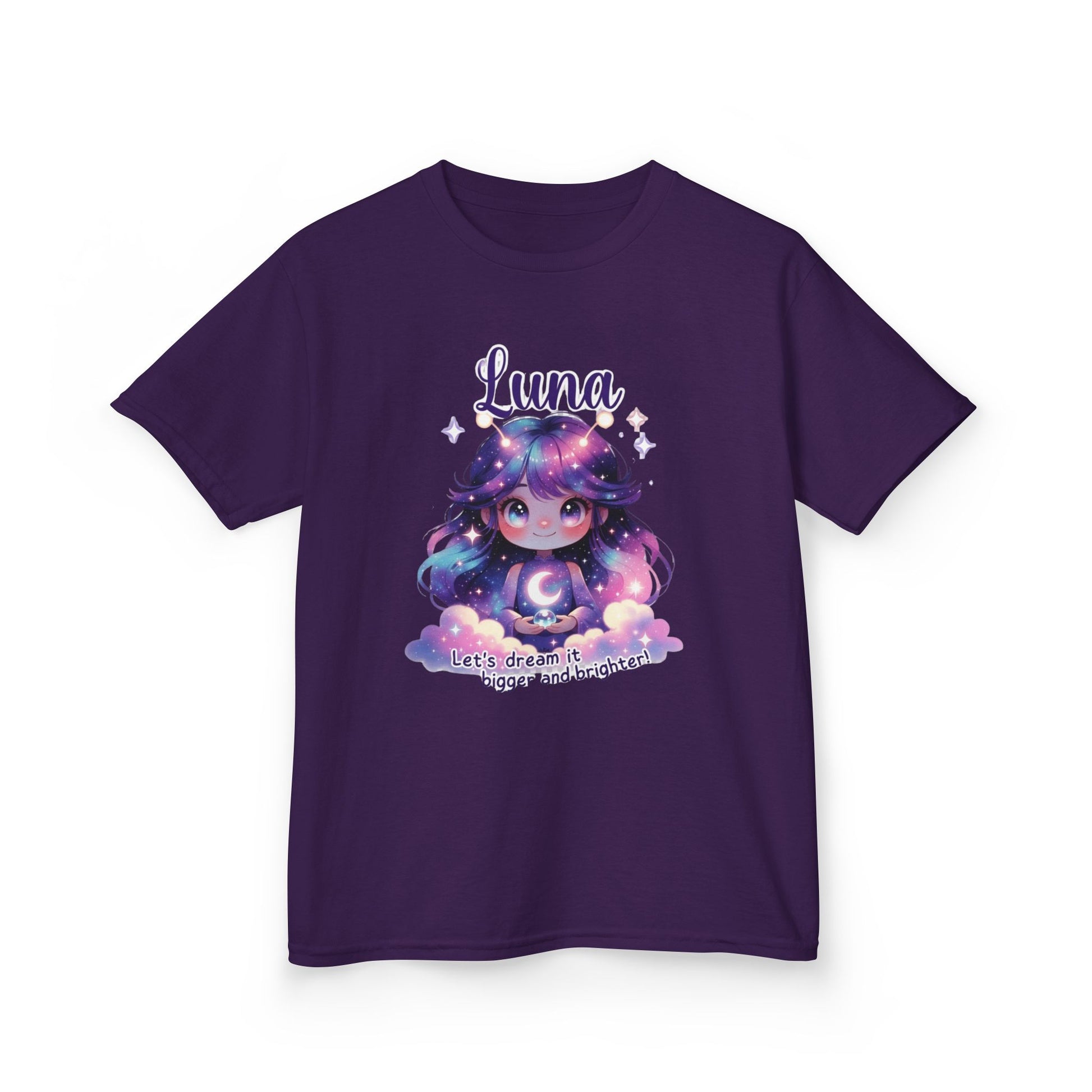 Purple kids t-shirt featuring Luna the Imagination Trait Buddy with galaxy hair and crescent moon from OrbPals